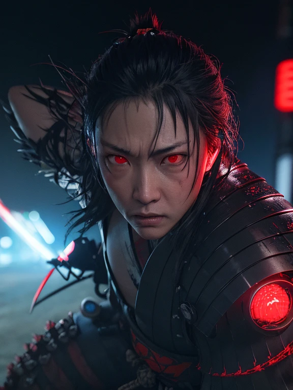1 man,severe expression,glowing red eyes,samurai,full body,electromagnetic blade,cyberpunk,realistic, sharp details, Intricでe details, ultra-realistic,digitally enhanced,3D References , 8K resolution, unapologetic grit, exposed exposed,sharp focus , UHD, 8K