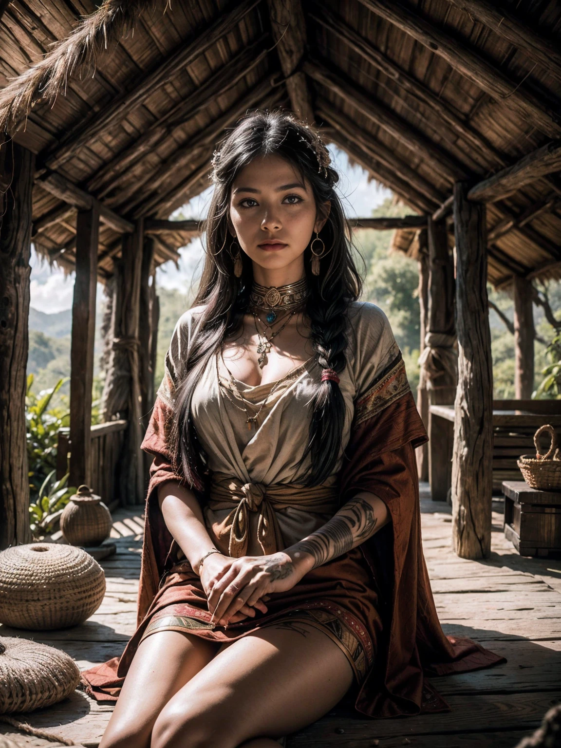 Picture a tribal woman seated inside a rustic hut, surrounded by the earthy textures of her dwelling. Her neck and hands proudly display intricate tattoos, each marking telling a story of her heritage and experiences. The cloudy weather outside casts a soft, diffused light, creating a serene atmosphere within the simple abode. The woman, with a strong yet graceful presence, exudes a connection to nature and her tribal roots as she sits in contemplation within the cozy confines of her shelter.((Sharp image, high resolution, super detailed image, High quality image, 8k ultra detailed image))