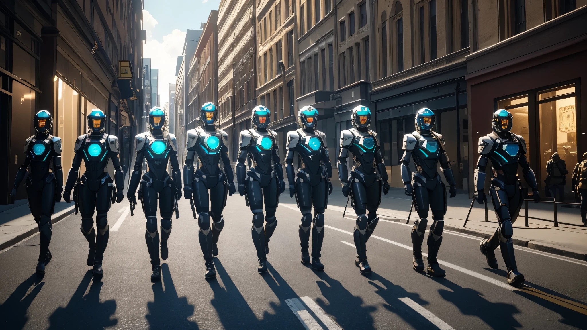 ((best quality)), ((masterpiece)), (Very detailed:1.3), 3D, (high dynamic range),Ray tracing,NVIDIA RTX,super resolution,Unreal 5,subsurface scattering,PBR texture,post processing,Anisotropic filtering,depth of field,Maximum clarity and sharpness,multi-layer texture,Albedo and specular maps,surface coloring,Accurate simulation of light-material interaction,Perfect proportion,,Large aperture,8K original,In the city, a group of humanoid robots walk in formation