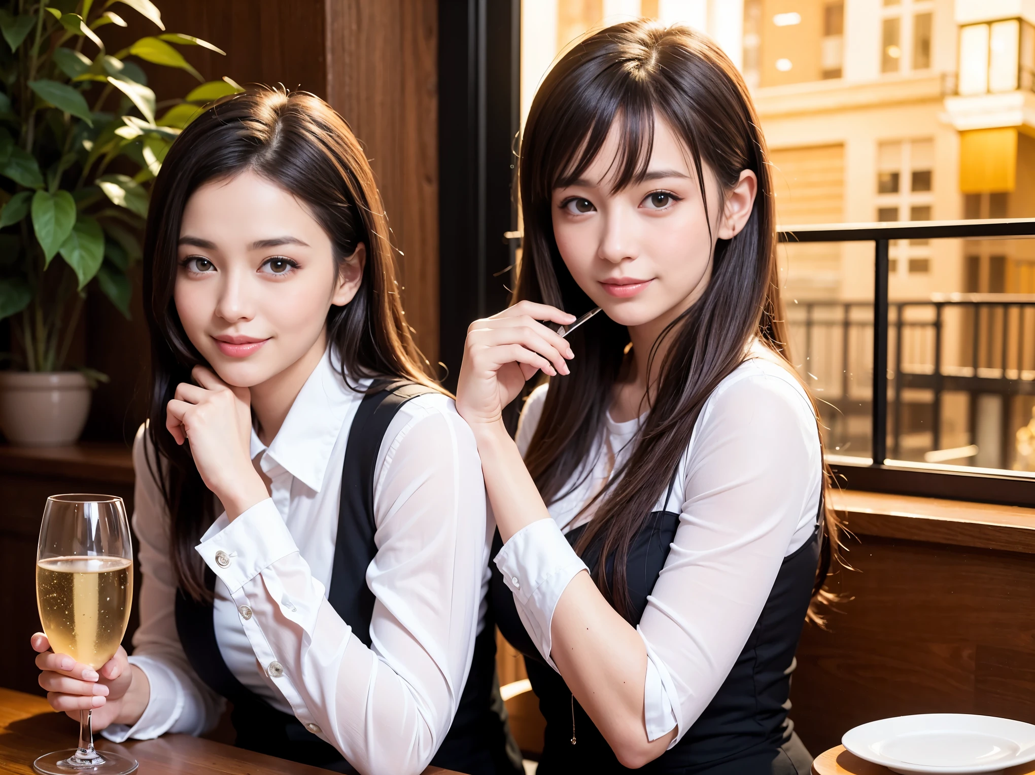 64k, UHD, highest quality, masterpiece: 1.2), (realistic, photorealistic: 1.37), Super detailed, slimな美女3名, (slimフェイス),Happy、 最高なsmile、Fox Face、Berry Short、(because I'thin), (brown hair), (shortcut), long sleeve shirt、winter fashion、Colombia、Brazilian、Japanese、Dutch、German、Portuguese、Belgian、Italian、french,champagne、Sparkling wine、 (gush), (slimボティ), (brown hair), (shortcut), Neat beauty、cheeks blush a little, (35 years old), 38 years old, alone, A beautiful and detailed night view spreads out outside the window..., restaurant, wine glassが座っている, At night, in a prominent place (from the Upper body) nova frog style, actress, model, Upper body, White wine, slim, wine glass, very beautiful night view, wine glass Put in the Middle, Happy smile, (smile: 1.15),