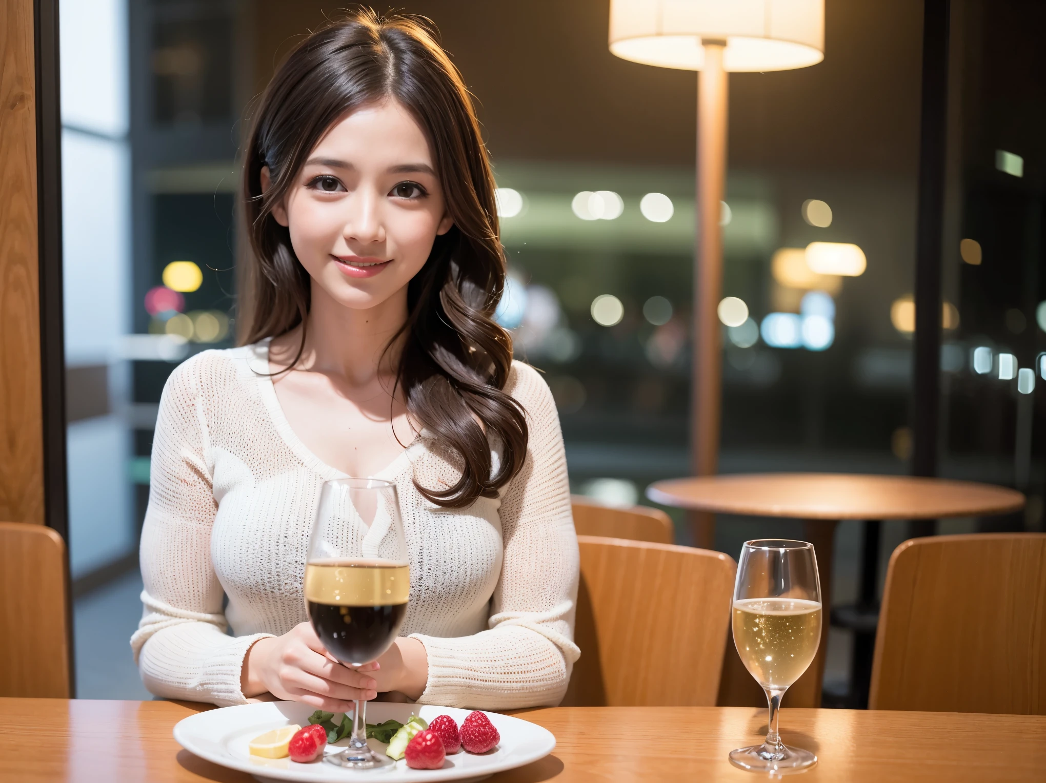 64k, UHD, highest quality, masterpiece: 1.2), (realistic, photorealistic: 1.37), Super detailed, slimな美女3名, (slimフェイス),Happy、 最高なsmile、Fox Face、Berry Short、(because I'thin), (brown hair), (shortcut), long sleeve shirt、winter fashion、Colombia、Brazilian、Japanese、Dutch、German、Portuguese、Belgian、Italian、french,champagne、Sparkling wine、 (gush), (slimボティ), (brown hair), (shortcut), Neat beauty、cheeks blush a little, (35 years old), 38 years old, alone, A beautiful and detailed night view spreads out outside the window..., restaurant, wine glassが座っている, At night, in a prominent place (from the Upper body) nova frog style, actress, model, Upper body, White wine, slim, wine glass, very beautiful night view, wine glass Put in the Middle, Happy smile, (smile: 1.15),
