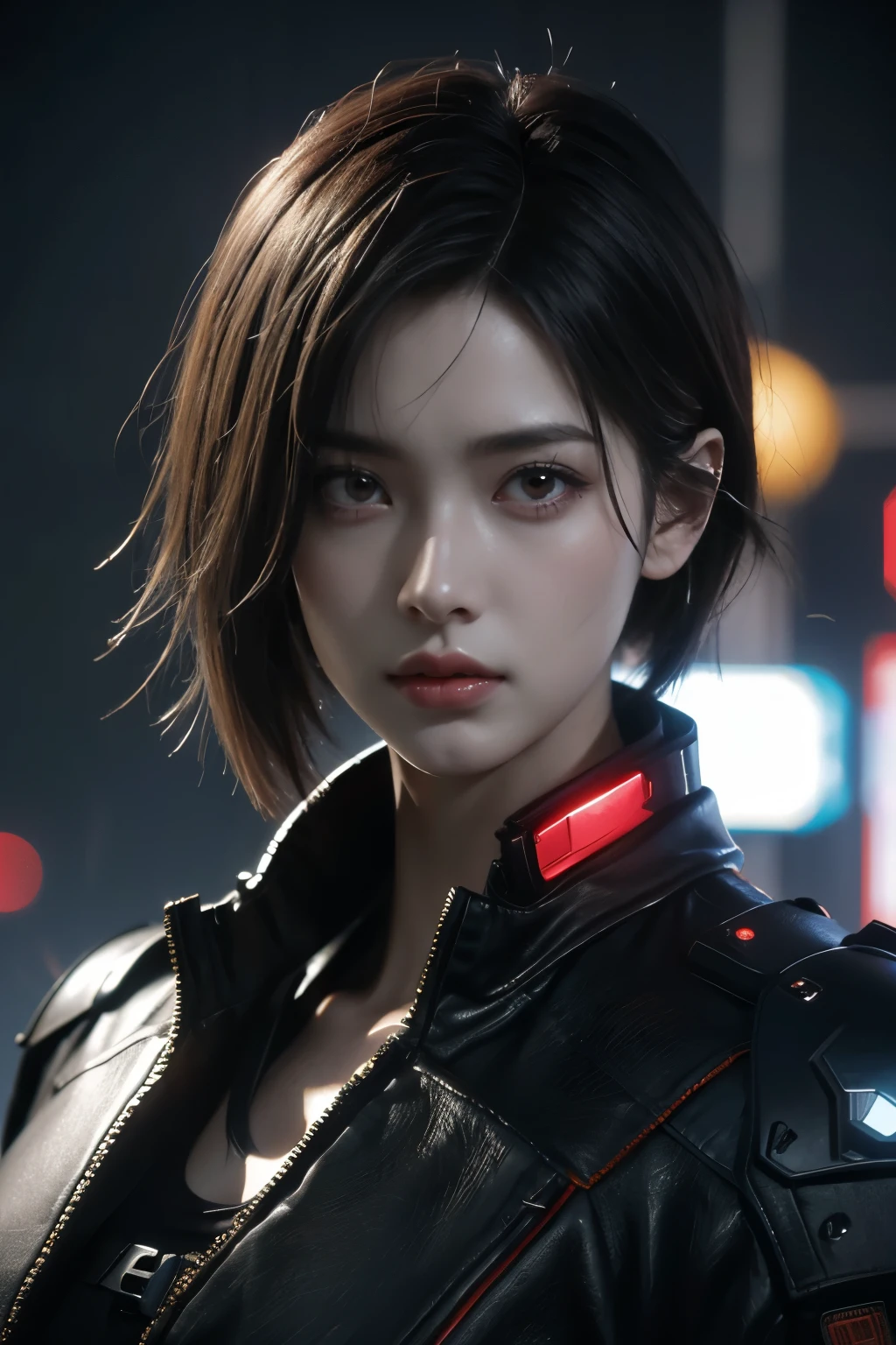 Game art，The best picture quality，Highest resolution，8K，(A bust photograph)，(Portrait)，(Head close-up)，(Rule of thirds)，Unreal Engine 5 rendering works， (The Girl of the Future)，(Female Warrior)， 22岁少女，(Female hackers)，(Short hair，Ancient Oriental hairstyle)，((The pupils of the red eyes:1.3))，(A beautiful eye full of detail)，(Big breasts)，(Eye shadow)，优雅迷人，冷漠，((Anger))，(Cyberpunk jacket full of futuristic look，Joint Armor，There are exquisite Chinese patterns on the clothes，A flash of jewellery)，赛博朋克人物，未来风格， 拍照姿势，城市背景，Movie lights，Ray tracing，Game CG，((3D Unreal Engine))，oc渲染反射纹