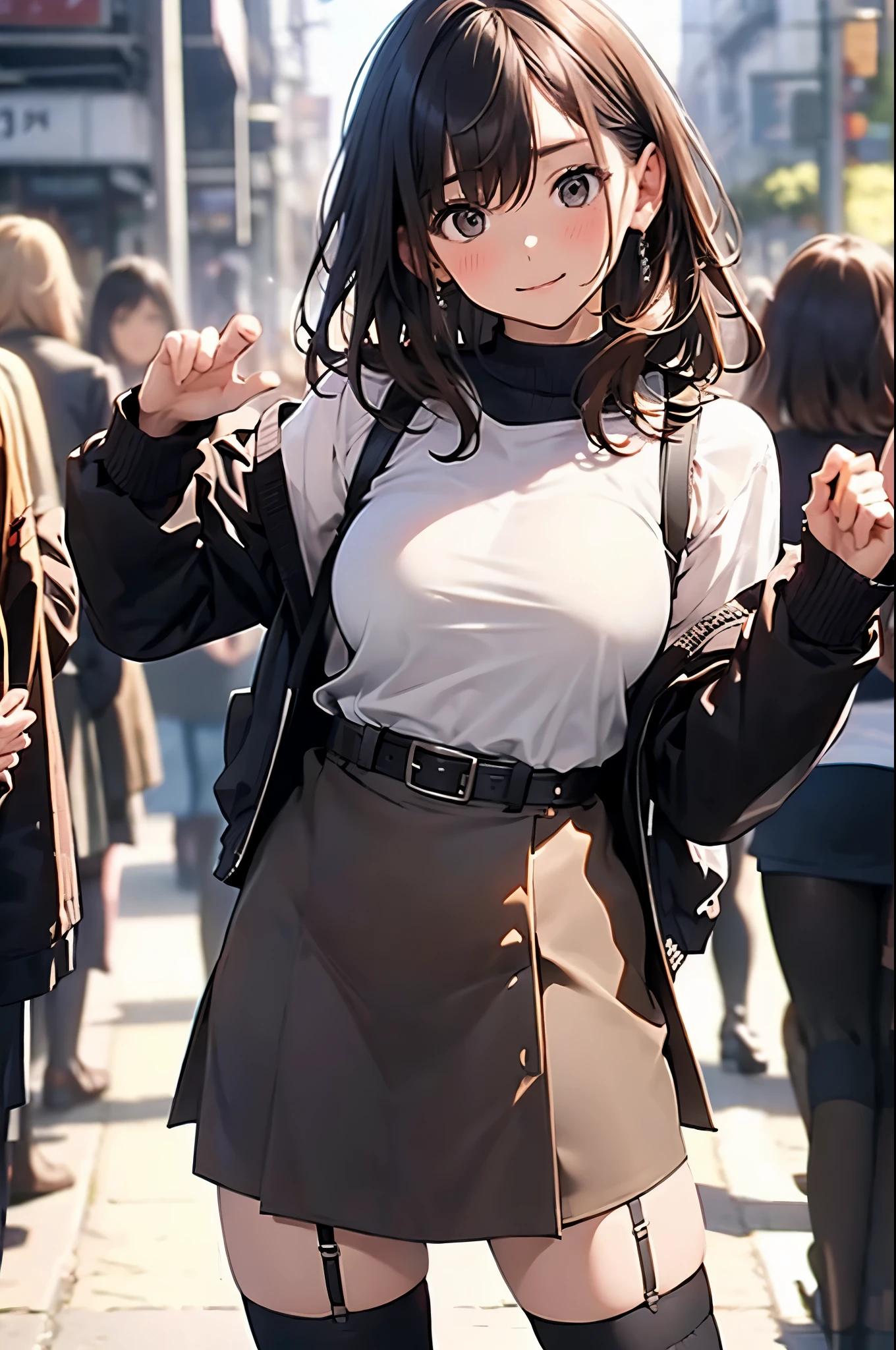 brown hair、looking at the viewer　　suspenders　　　Bulging big breasts　　 　 　　　　Black miniskirt　garter belt　knee high socks　　　　　　Gaze　　　small face　bangs 　　　　　Beauty　　hands up　　 　Gaze 　black boots 　provocation　　armpit sweat　one person 　　put your hands behind your back　cutter shirt　　Panty shot
