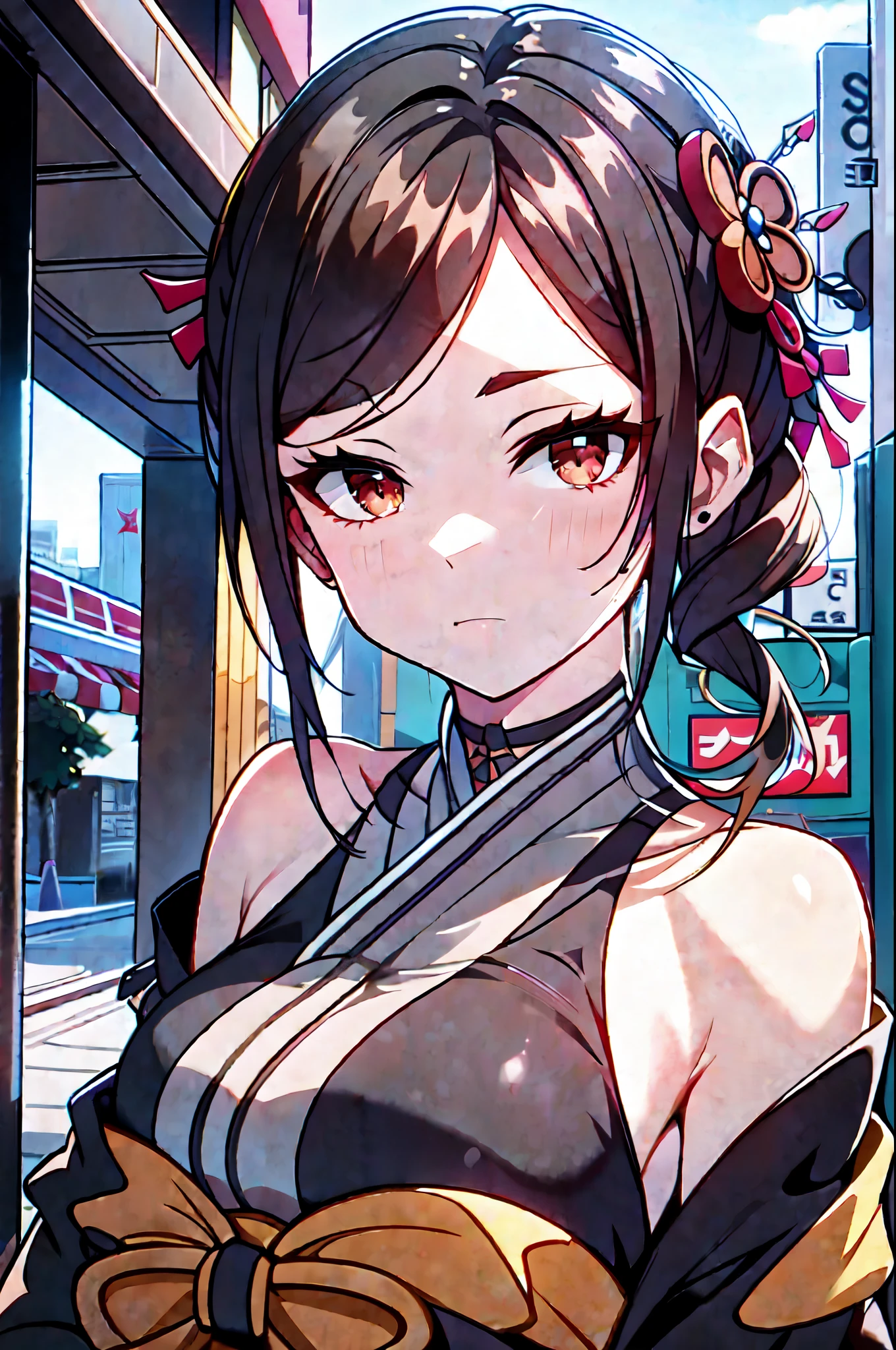 detailed, (masterpiece:1.2), (pale_skin:1.2), (solo:1.2), (female), slender, (brown hair), outdoors, headtilt, brown eyes, gloves, bare shoulders, ponytail, head accessory, (expressionless), closed mouth, grey_kimono