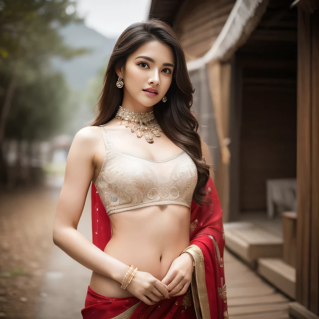 Indian Woman, 23 year old, sexy thin saree, day time, mountain village, calm and frosty, detailed body, detailed face, oily body, cute, ultra realistic, charming, cute, happy, ambient lighting, foggy, winter, detailed background, volumetric lighting, shadow, 8k