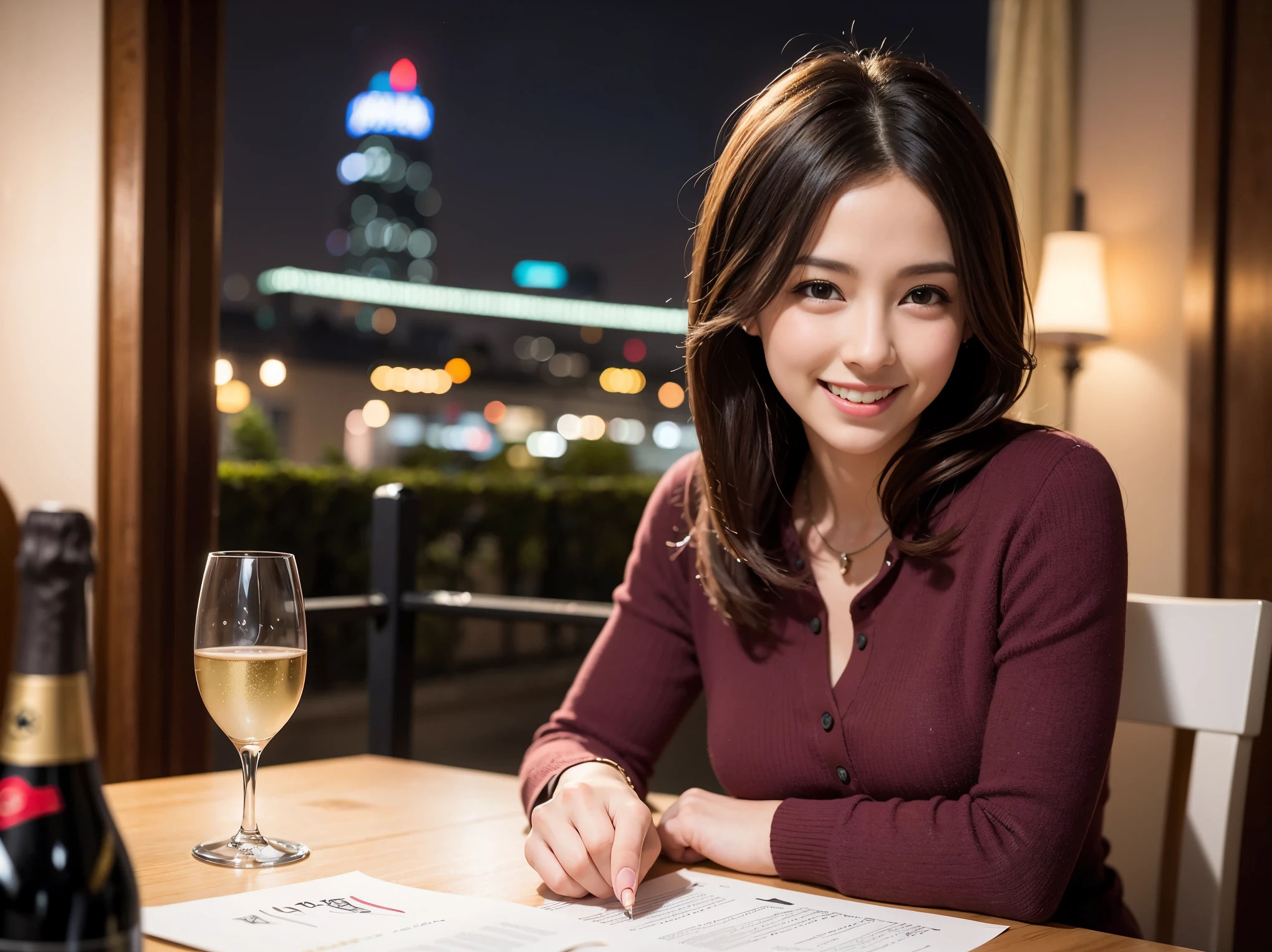 64k, UHD, highest quality, masterpiece: 1.2), (realistic, photorealistic: 1.37), Super detailed, slimな美女3名, (slimフェイス),Happy、 最高なsmile、Fox face、Berry Short、(Because I'm slender), (brown hair), (shortcut), long sleeve shirt、winter fashion、Colombian、Brazilian、Japanese、Dutch、German、Portuguese、Belgian、Italian、French,champagne、Sparkling wine、 (burst into laughter), (slimボティ), (brown hair), (short cut), Neat beauty、cheeks blush a little, (35 years old), 38 years old, alone, A beautiful and detailed night view spreads out outside the window.., restaurant, wine glassが座っている, At night, in a prominent place (from the Upper body) nova frog style, actress, model, Upper body, White wine, slim, wine glass, Super Clean Night View, wine glass Put in the Middle, Happy smile, (smile: 1.15),