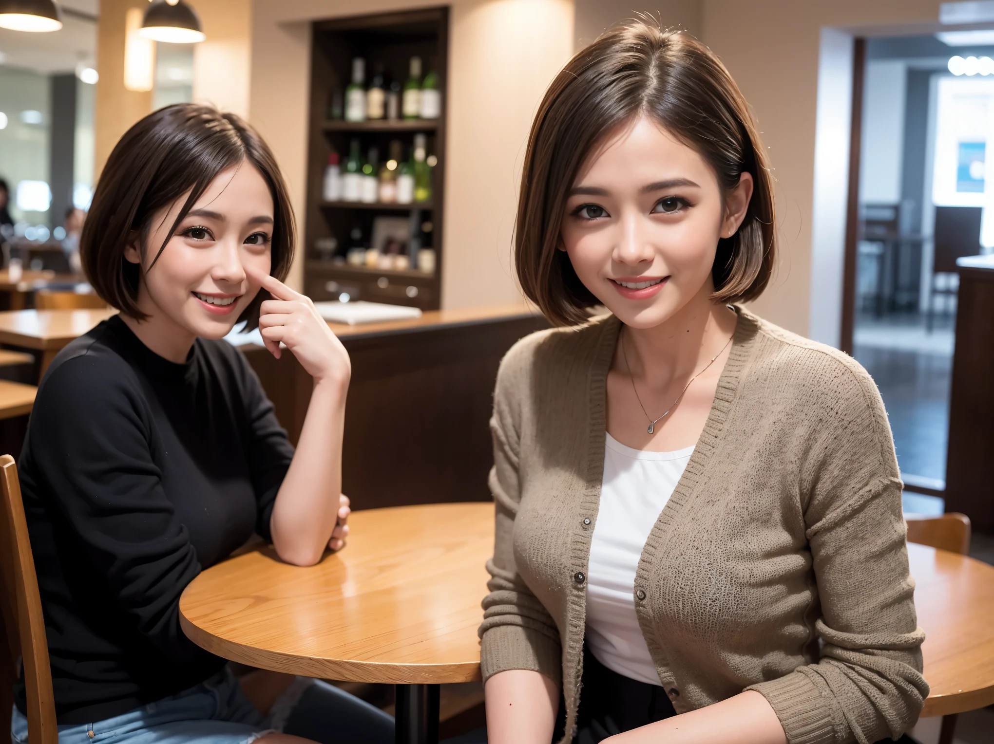 64k, UHD, highest quality, masterpiece: 1.2), (realistic, photorealistic: 1.37), Super detailed, slimな美女3名, (slimフェイス),Happy、 最高なsmile、Fox face、Berry Short、(Because I'm slender), (brown hair), (shortcut), long sleeve shirt、winter fashion、Colombian、Brazilian、Japanese、Dutch、German、Portuguese、Belgian、Italian、French,champagne、Sparkling wine、 (burst into laughter), (slimボティ), (brown hair), (short cut), Neat beauty、cheeks blush a little, (35 years old), 38 years old, alone, A beautiful and detailed night view spreads out outside the window.., restaurant, wine glassが座っている, At night, in a prominent place (from the Upper body) nova frog style, actress, model, Upper body, White wine, slim, wine glass, Super Clean Night View, wine glass Put in the Middle, Happy smile, (smile: 1.15),