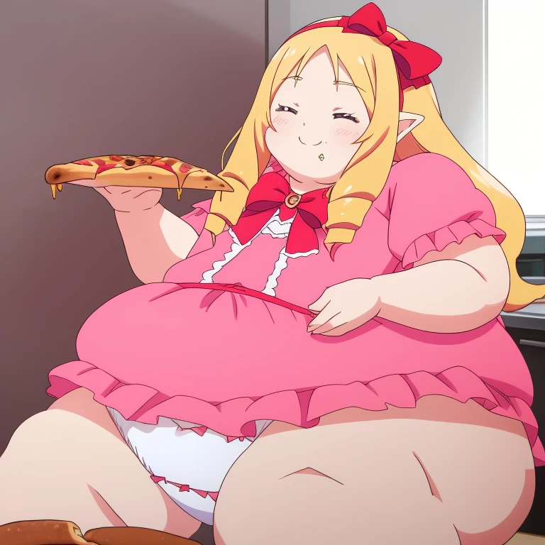 immobile yamada elf, pink dress, white panties, very obese body, cute, big cheek, thick thighs, hairband, long_hair, red_bow, , 8k, kitchen, masterpiece, absurdres, smile, closed eyes, eating pizza