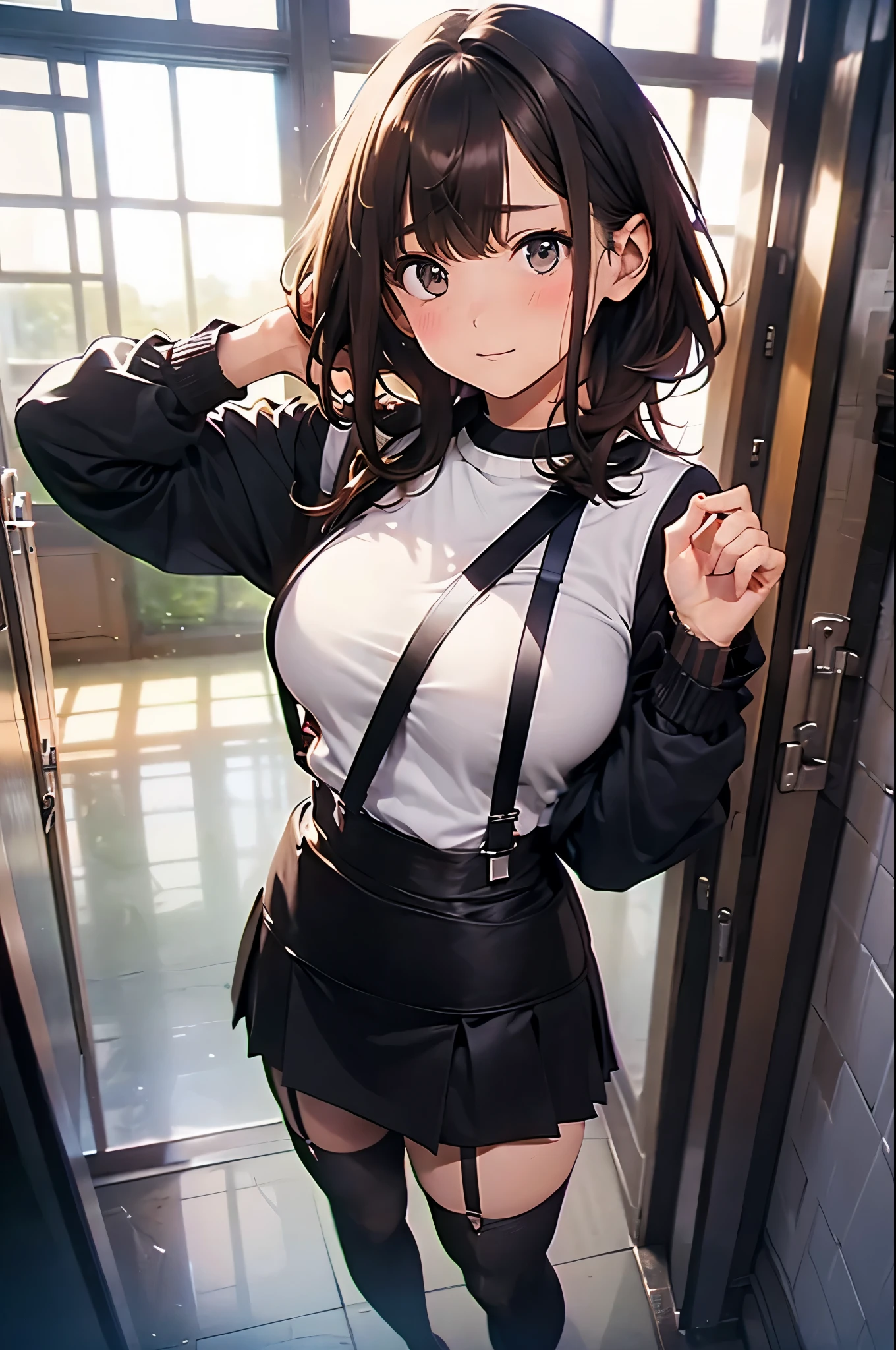 brown hair、looking at the viewer suspenders Bulging big breasts Black miniskirt garter belt knee high socks Gaze small face bangs Beauty hands up Gaze black boots provocation armpit sweat one person put your hands behind your back cutter shirt Panty shot