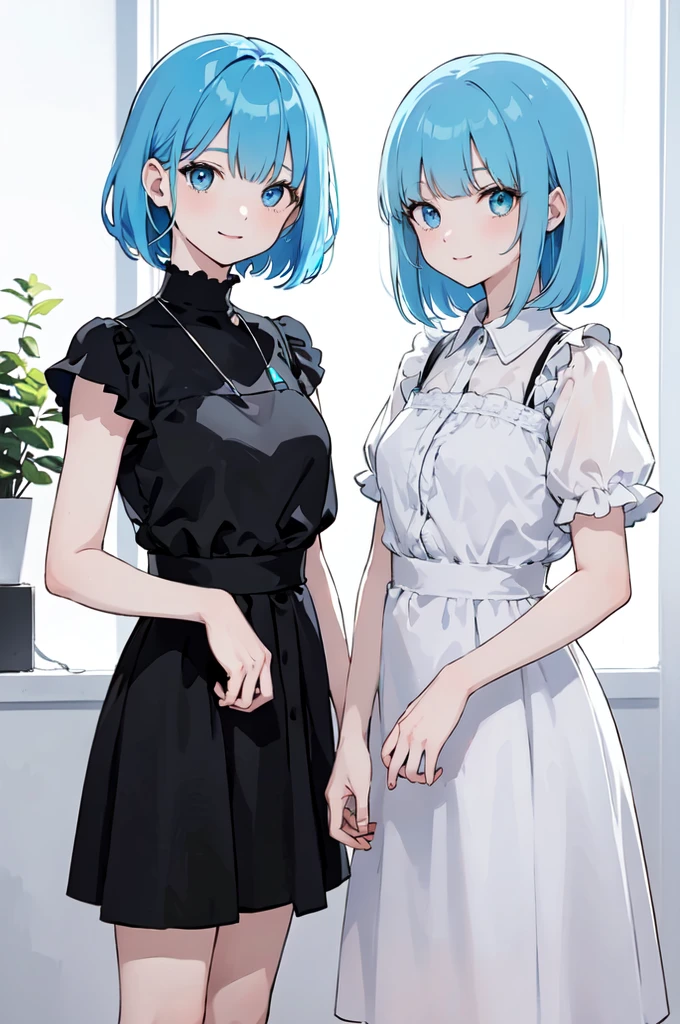 (masterpiece), (best quality), (ultra detailed),(disheveled hair),(illustration), ((twins sisters)(2woman)), one sister with long hair and one with short hair, standing, Fashion model ( modern clothes)( black clothes), looking at viewer, (interview), (casual background),beautiful blue eyes, delicate beautiful face, ,(high saturation),(colorful splashes),(shining), kamisato ayaka, blue hair (shining), bangs, best lighting, best shadow. smiling