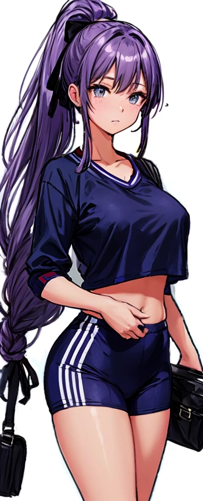 A beautiful woman with a mature face, her long mauve-purple hair tied into a ponytail with a pale pink ribbon, is standing there wearing white gym clothes and navy blue bloomers shaped like panties.。school playground。