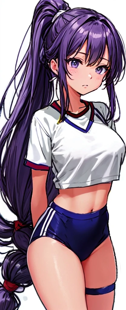 A beautiful woman with a mature face, her long mauve-purple hair tied into a ponytail with a pale pink ribbon, is standing there wearing white gym clothes and navy blue bloomers shaped like panties.。school playground。