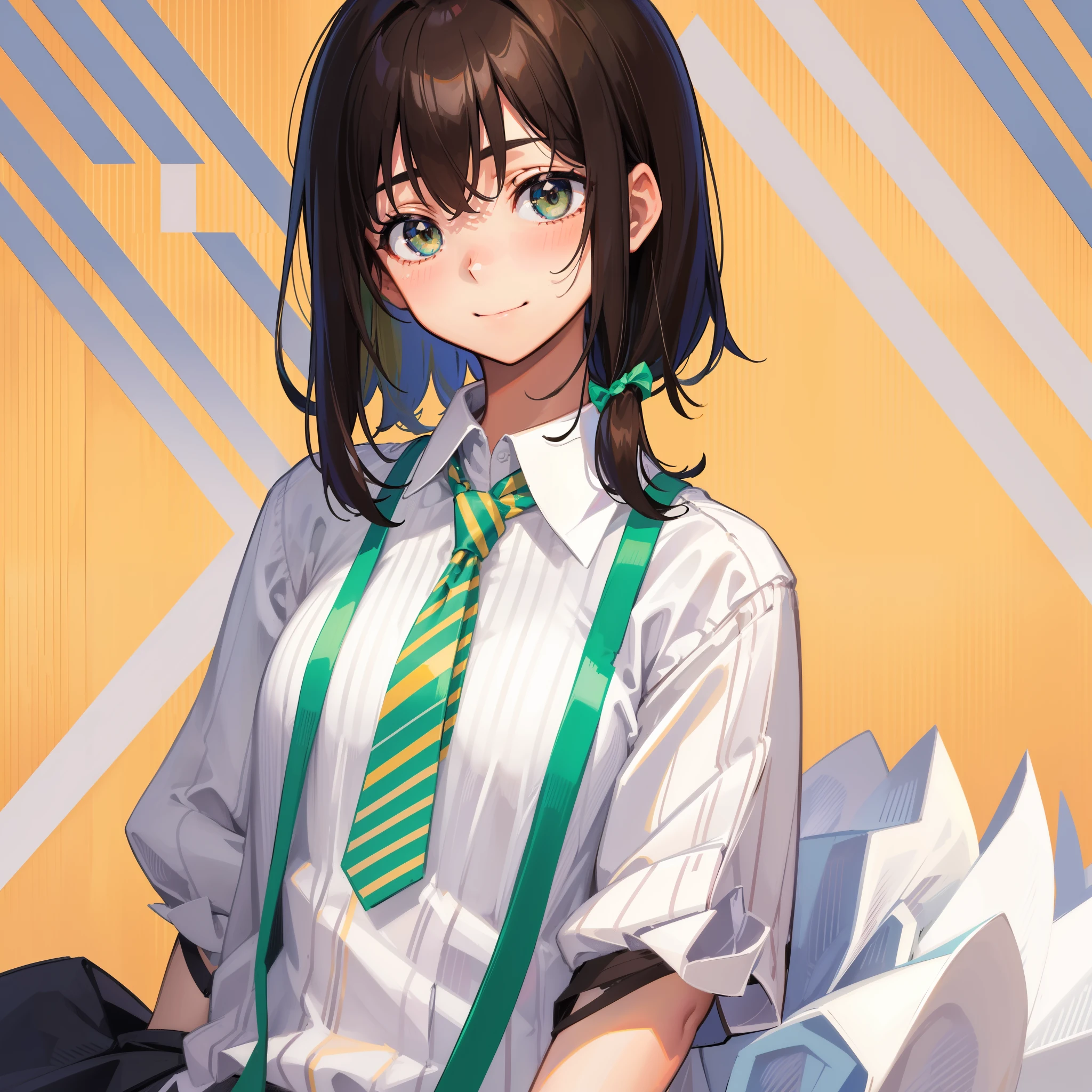 rating:safe, 1girl, striped, smile, vertical_stripes, solo, blush, green_eyes, eyebrows_visible_through_hair, shirt, looking_at_viewer, short_hair_with_long_locks, upper_body, bangs, short_hair, ribbon, green_hair, striped_shirt, white_shirt, collared_shirt, vertical-striped_shirt, striped_neckwear, neck_ribbon, closed_mouth, vertical-striped_dress, brown_hair, bow, yellow_neckwear, necktie, sidelocks, striped_background