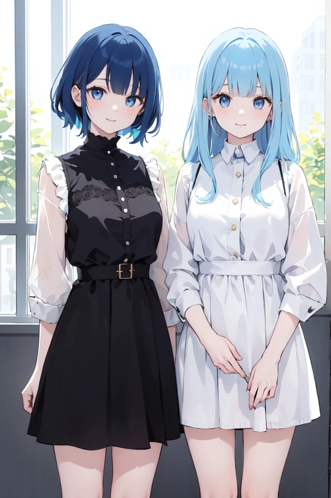 (masterpiece), (best quality), (ultra detailed),(disheveled hair),(illustration), ((twins sisters)(2woman)), one sister with long hair and one with short hair, standing, Fashion model ( modern clothes)( black clothes), looking at viewer, (interview), (casual background),beautiful blue eyes, delicate beautiful face, ,(high saturation),(colorful splashes),(shining), kamisato ayaka, blue hair (shining), bangs, best lighting, best shadow. smiling