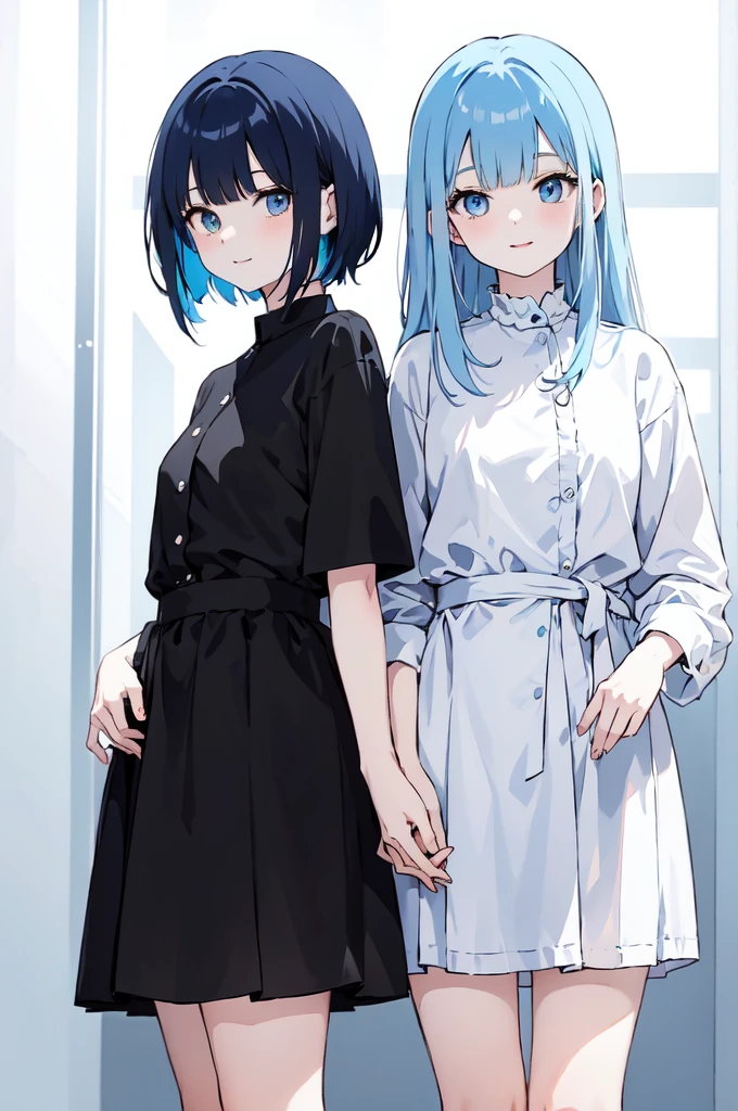 (masterpiece), (best quality), (ultra detailed),(disheveled hair),(illustration), ((twins sisters)(2woman)), one sister with long hair and one with short hair, standing, Fashion model ( modern clothes)( black clothes), looking at viewer, (interview), (casual background),beautiful blue eyes, delicate beautiful face, ,(high saturation),(colorful splashes),(shining), kamisato ayaka, blue hair (shining), bangs, best lighting, best shadow. smiling