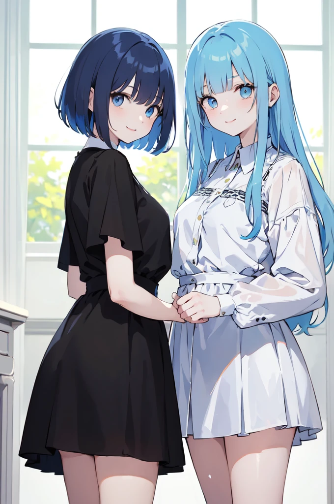 (masterpiece), (best quality), (ultra detailed),(disheveled hair),(illustration), ((twins sisters)(2woman)), one sister with long hair and one with short hair, standing, Fashion model ( modern clothes)( black clothes), looking at viewer, (interview), (casual background),beautiful blue eyes, delicate beautiful face, ,(high saturation),(colorful splashes),(shining), kamisato ayaka, blue hair (shining), bangs, best lighting, best shadow. smiling