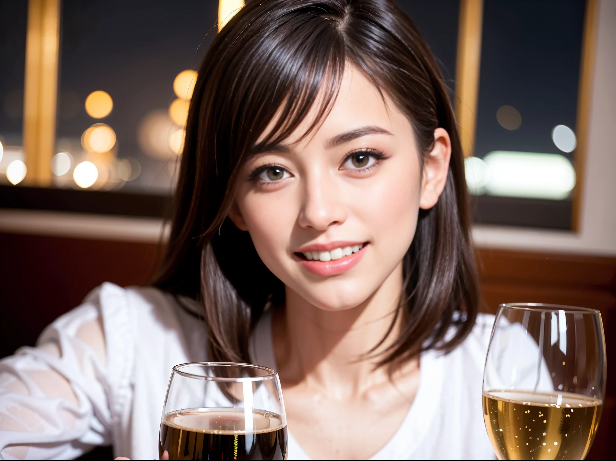 64k, UHD, highest quality, masterpiece: 1.2), (realistic, photorealistic: 1.37), Super detailed, slimな美女3名, (slimフェイス),Happy、 最高なsmile、Fox face、Berry Short、(Because I'm slender), (brown hair), (shortcut), long sleeve shirt、winter fashion、Colombian、Brazilian、Japanese、Dutch、German、Portuguese、Belgian、Italian、French,champagne、Sparkling wine、 (burst into laughter), (slimボティ), (brown hair), (short cut), Neat beauty、cheeks blush a little, (35 years old), 38 years old, alone, A beautiful and detailed night view spreads out outside the window.., restaurant, wine glassが座っている, At night, in a prominent place (from the Upper body) nova frog style, actress, model, Upper body, White wine, slim, wine glass, Super Clean Night View, wine glass Put in the Middle, Happy smile, (smile: 1.15),