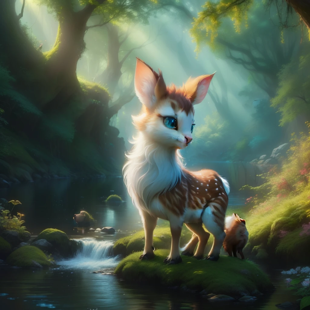 Close-up shot of playing with birds in the river, cute forest creature, River background, disney bambi cat, high quality wallpaper, fantasy matte paint，cute, movie still 8 K, anime movie, hd wallpaper, 4K high-definition digital art, cute detailed digital art, adorable digital paintings, In the cinematic style of Crude, cute digital art