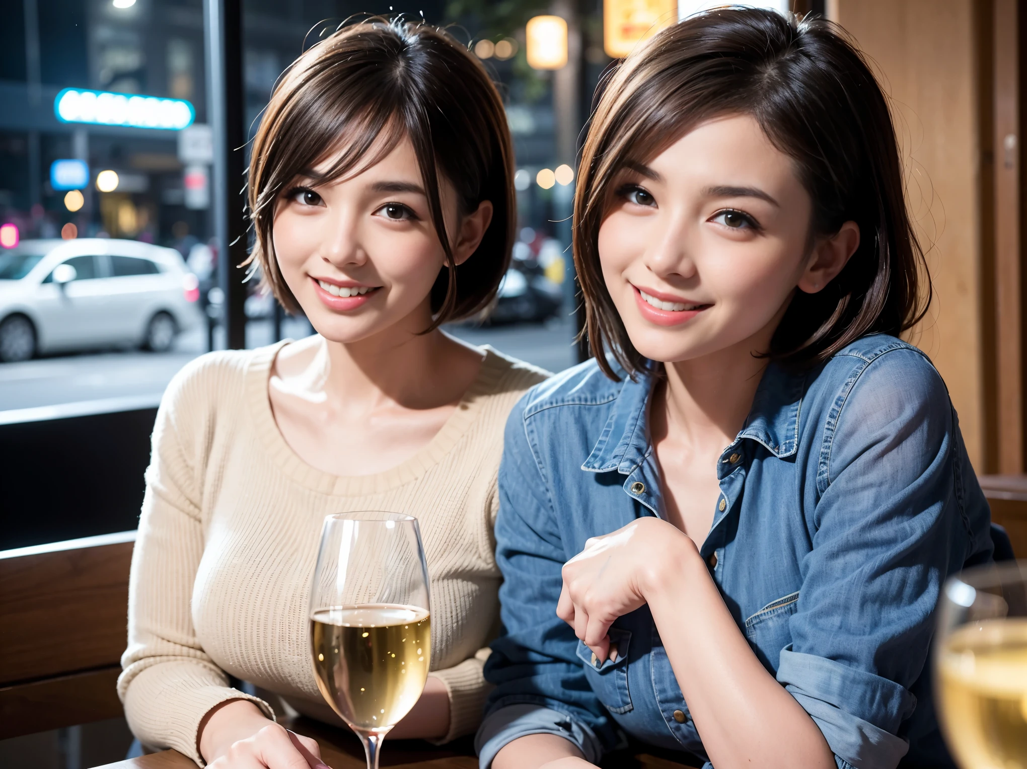 ((Highest quality、8k、masterpiece:1.3))、slimカップル、modelカップル、(Realistic, Intricate details:1.2), sashimi、Tempura、Japanese sake、Shochu 、Amazing view of the sunset sky and clouds、A bright smile、The wonderfulness of smile、Bright image、The beauty of wine, Beautiful Face, blue eyes, The light shines on your face, blush, short hair,Bright Face、 (Age 37), 39 years old, sparkling wine、Two beauties、Brown Hair、Shortcuts、Long sleeve shirt、dress、Beautiful woman 1, (slimな顔), (The body is slim), (Brown Hair), (Shortcuts), cheeks turn a little red,Attractive beauty、restaurant, In a prominent place (From the waist up) Nova Frog Style, actress, model, Upper Body, White wine, slim, smile, (smile: 1.15), Beautiful fine grain, Depth f/2,saturation, High Contrast, Strong light and shadow,Moist Body:1.5、3D texture、Delicate eyes、Brown Hair、The hair is very shiny、