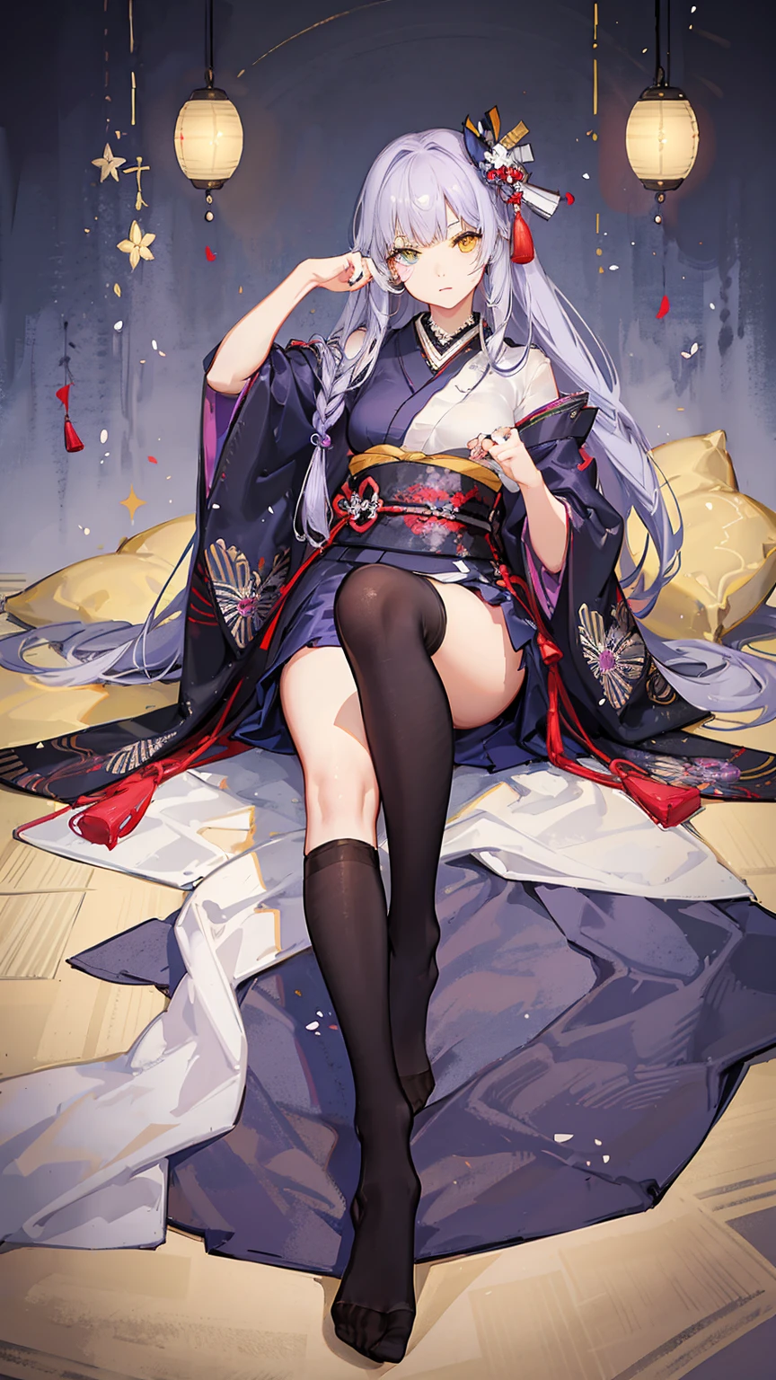 1girl,solo,female photo,Sitting on the floor,nail polish,(heterochromia,purple eye,yellow eye),big breasts,beautiful face, navy long hair,knee high socks,Japanese kimono,mysterious mood,in the Japanese room,best quality, high quality, masterpiece, HD,4K,8K