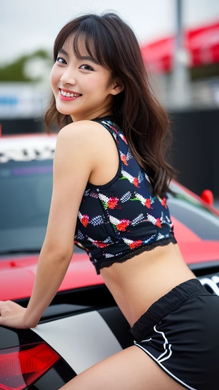 Highly detailed CG Unity 8K wallpaper, highest quality, Super detailed, masterpiece, realistic, photo realistic, Highly detailed cute girl, 25 years old, (whole bodyからつま先まで:1.2、(whole body)、(whole body to toes)、(shot from the side:1.2)、(sitting on the hood of a car)、(lace queen)、(sexy pose),(model pose)、(big breasts)、(big ass)、(smile at the camera)、( Smile while looking at the camera ),(whole bodyショット:1.2) ,(Side view:1.2)、(side shot:1.2)、(ponytail)、(photorealistic:1.3)、(Sponsored and wearing grid girl costume'logo is printed.:1.3), (shorts) , (sitting in a motorsport race), (Tamiya)、(SoftBank)、(looking at me and smiling)、