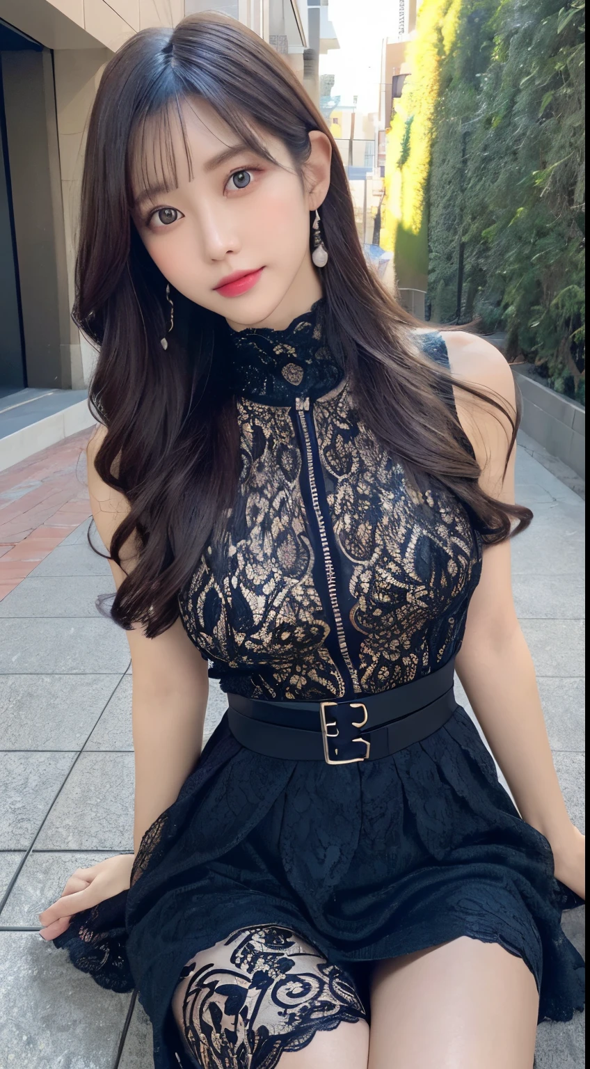 (High neck all lace costume、ample breasts、get sexually excited、take your legs out of the skirt、very thin waist)、(bold sexy pose,19 years old,Perfect and detailed eyes、beautiful big eyes)、(highest quality,masterpiece:1.3,ultra high resolution,),(Super detailed,caustics),(Photoreal:1.4,RAW shooting),ultra-realistic capture,very detailed,High resolution 16K resolution perfect for human skin、 natural skin texture、Skin tone looks even and healthy、 、one woman,japanese girl,smile,cute,black hair,medium hair,(Depth of bounds written、chromatic aberration、wide range of lighting、natural shading)、zipper