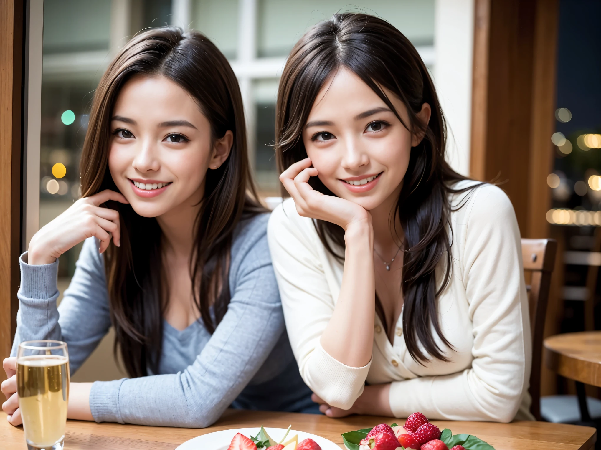 64k, UHD, highest quality, masterpiece: 1.2), (realistic, photorealistic: 1.37), Super detailed, slimな美女3名, (slimフェイス),Happy、 最高なsmile、Fox face、Berry Short、(Because I'm slender), (brown hair), (shortcut), long sleeve shirt、winter fashion、Colombian、Brazilian、Japanese、Dutch、German、Portuguese、Belgian、Italian、French,champagne、Sparkling wine、 (burst into laughter), (slimボティ), (brown hair), (short cut), Neat beauty、cheeks blush a little, (35 years old), 38 years old, alone, A beautiful and detailed night view spreads out outside the window.., restaurant, wine glassが座っている, At night, in a prominent place (from the Upper body) nova frog style, actress, model, Upper body, White wine, slim, wine glass, Super Clean Night View, wine glass Put in the Middle, Happy smile, (smile: 1.15),