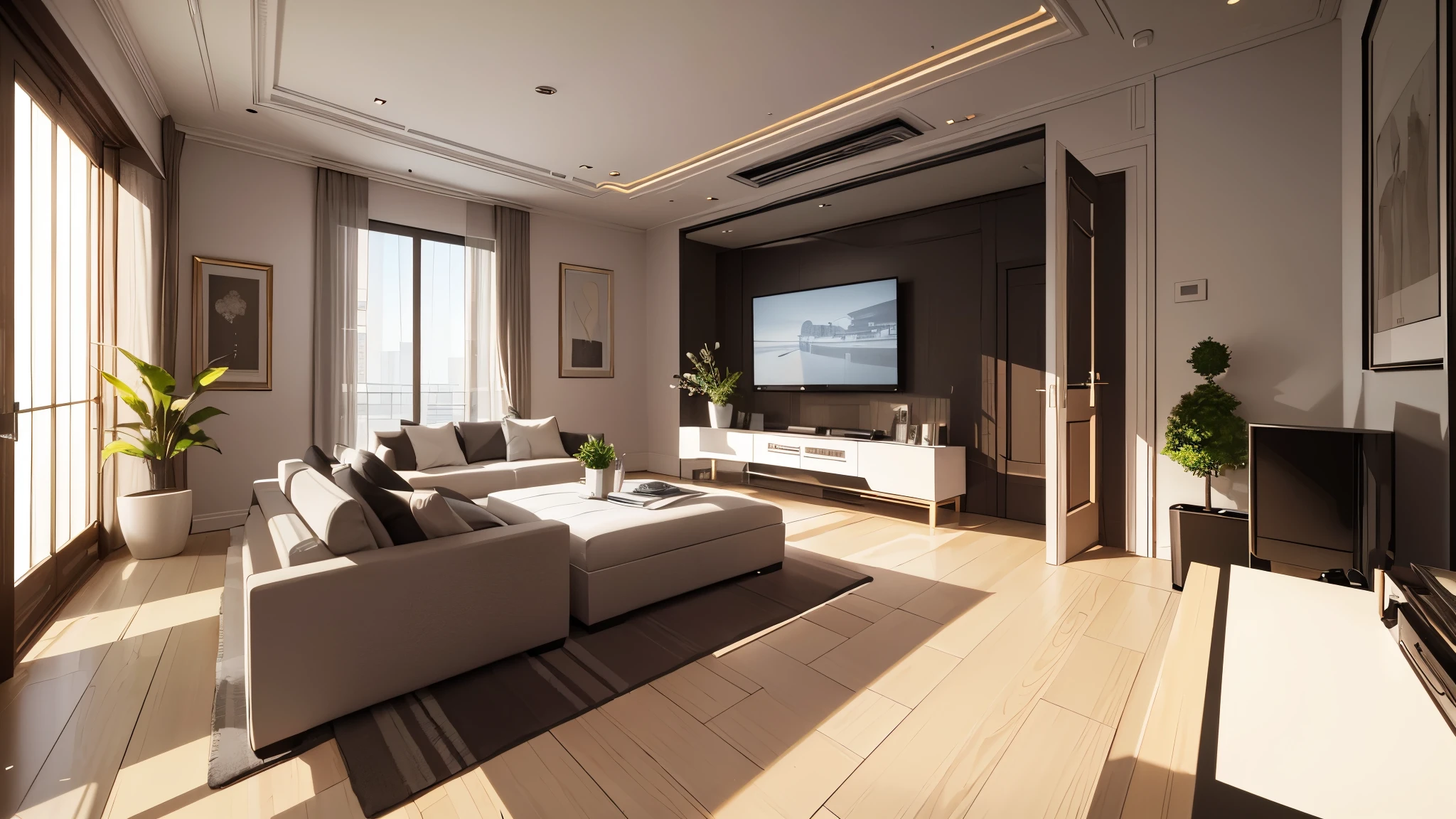 You are a famous interior designer、You have been asked to create a 3D image of a modern large room. Create a harmonious environment with modern and minimalist furniture. Including garden interior.
