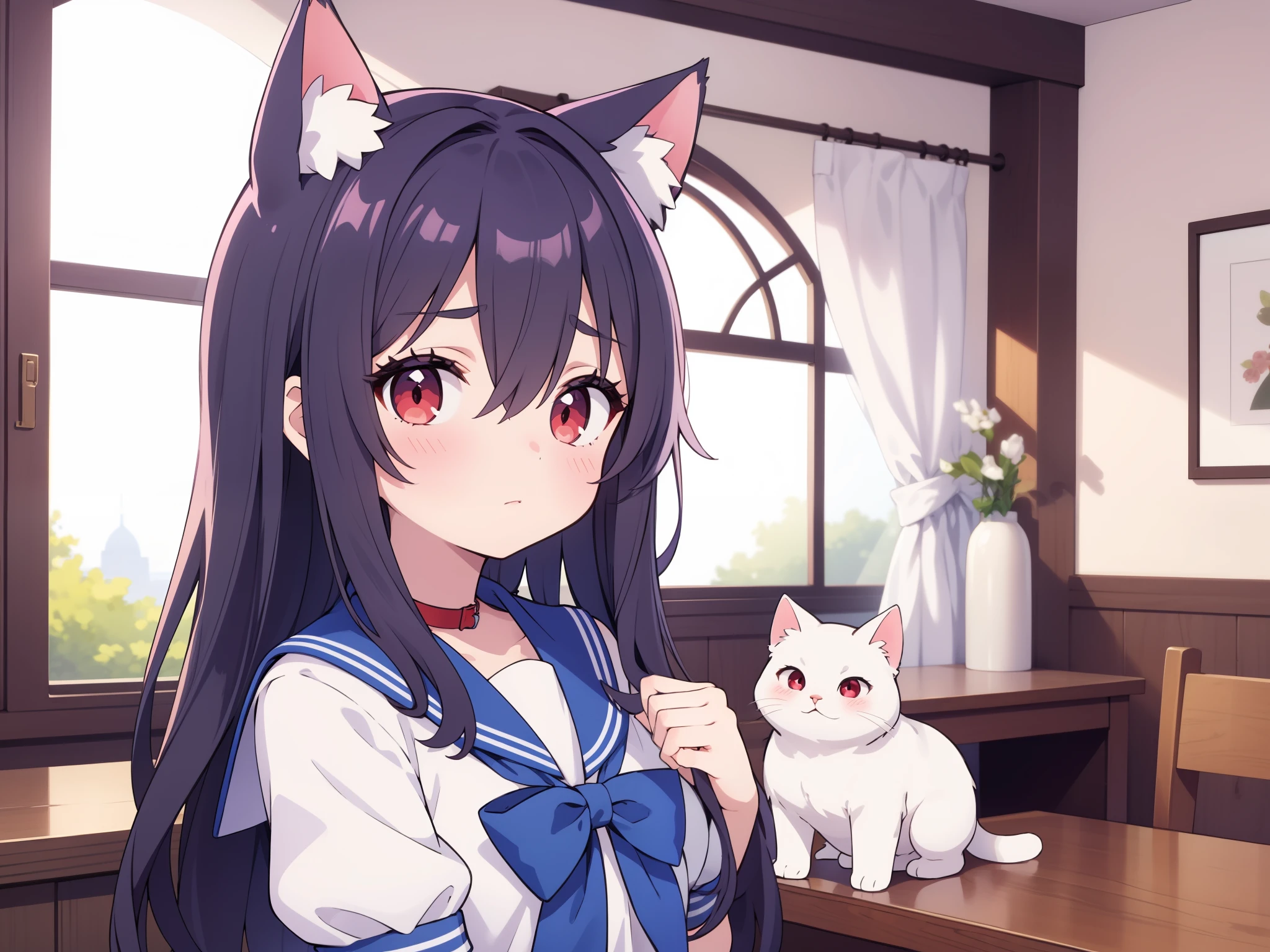 1girl, rating:safe, long_hair, bow, solo, hair_bow, blush, eyebrows_visible_through_hair, black_hair, short_sleeves, bangs, indoors, looking_at_viewer, hair_between_eyes, animal_ears, red_eyes, upper_body, sailor_collar, window, blue_bow, puffy_sleeves, dress, cat, serafuku, puffy_short_sleeves, red_bow