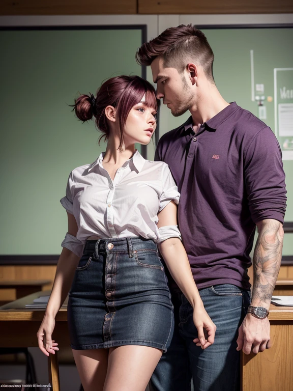 a teacher mateur woman age 40 big reasts wearing shirt open buttons and mini skirt and boy age 18 wearing white shirt and long pant standing together, mateur women touching boy's face. Girl Long, purple hair, And a boyish short, red. they kiss standing up in the classroom. ((The guy has short red hair))
(material:illustartion),(Best Quality,hight resolution,Masterpiece:1.2),Ultra-detailed,(Realistic,Photorealistic,photo-realistic:1.37)
(style of:in full height),(Vivid colors),(Soft color tones)
(Light:soft-lighting),(bokeh).