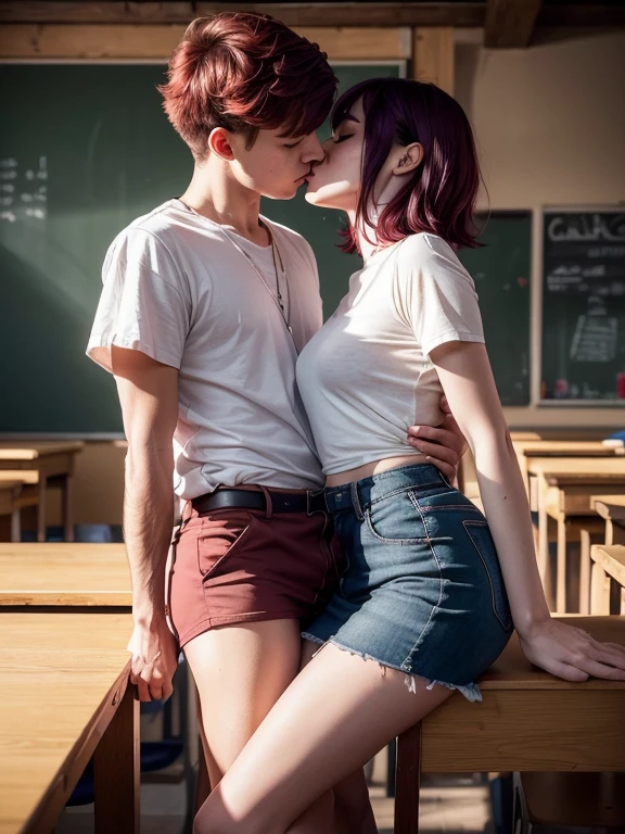 mateur woman age 40 big reasts wearing shirt open buttons and mini skirt and boy age 18 wearing sporty cloth standing together, mateur women touching boy's face. Girl Long, purple hair, And a boyish short, red. they kiss sitting up in the classroom. ((The guy has short red hair))

(material:illustartion),(Best Quality,hight resolution,Masterpiece:1.2),Ultra-detailed,(Realistic,Photorealistic,photo-realistic:1.37) 

(style of:in full height),(Vivid colors),(Soft color tones) 

(Light:soft-lighting),(bokeh).