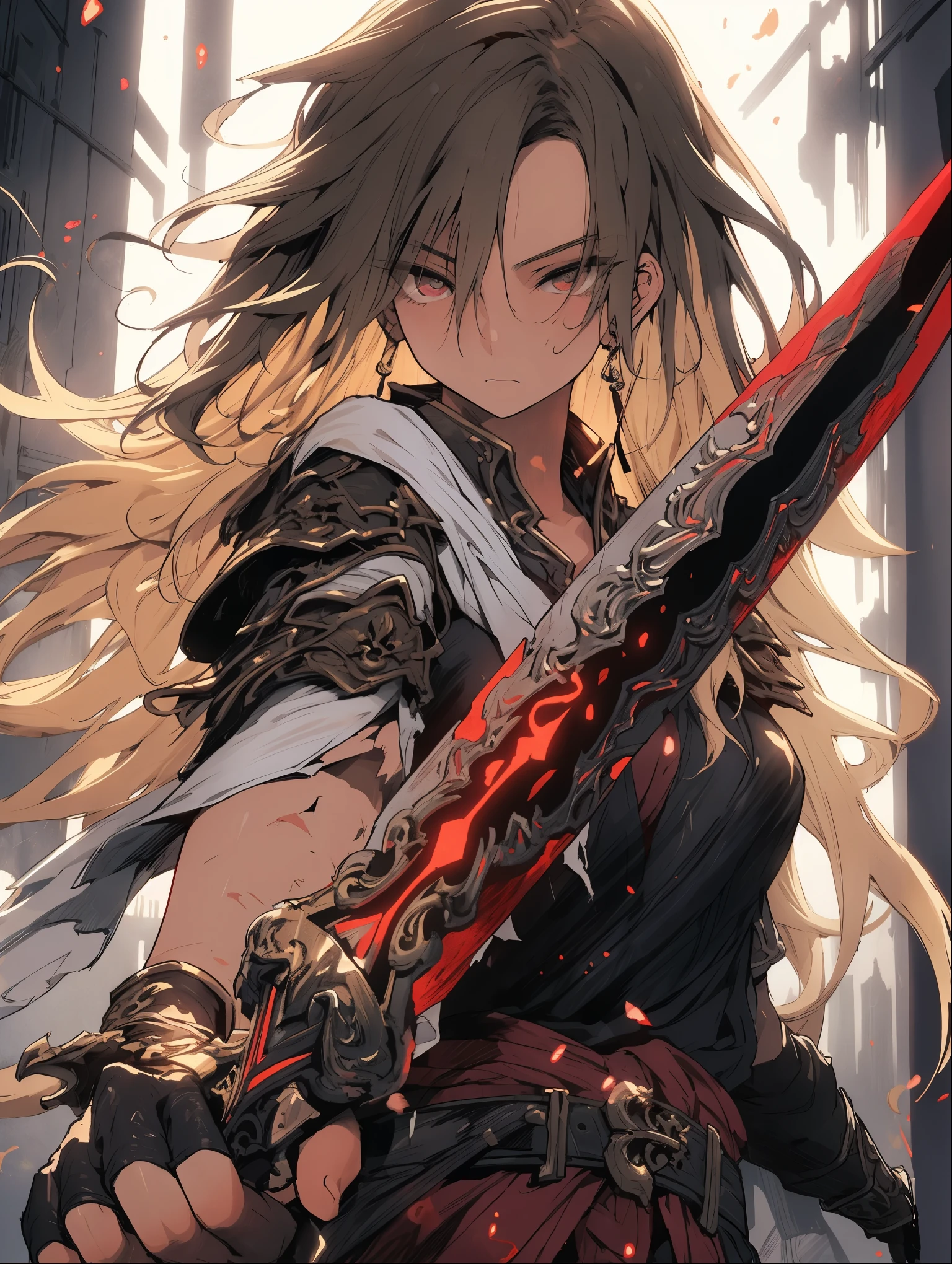 Girl, blond hair, tattered clothes, holding a sword, high quality, masterpiece, super detailed,