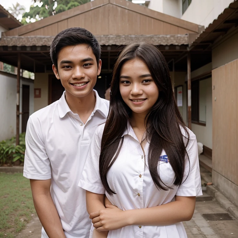 masterpiece, best quality, highres, 1boy and 1girl, couple hug, wearing indonesian high school, smile, dynamic pose, good hand angle, upperbody white shirt