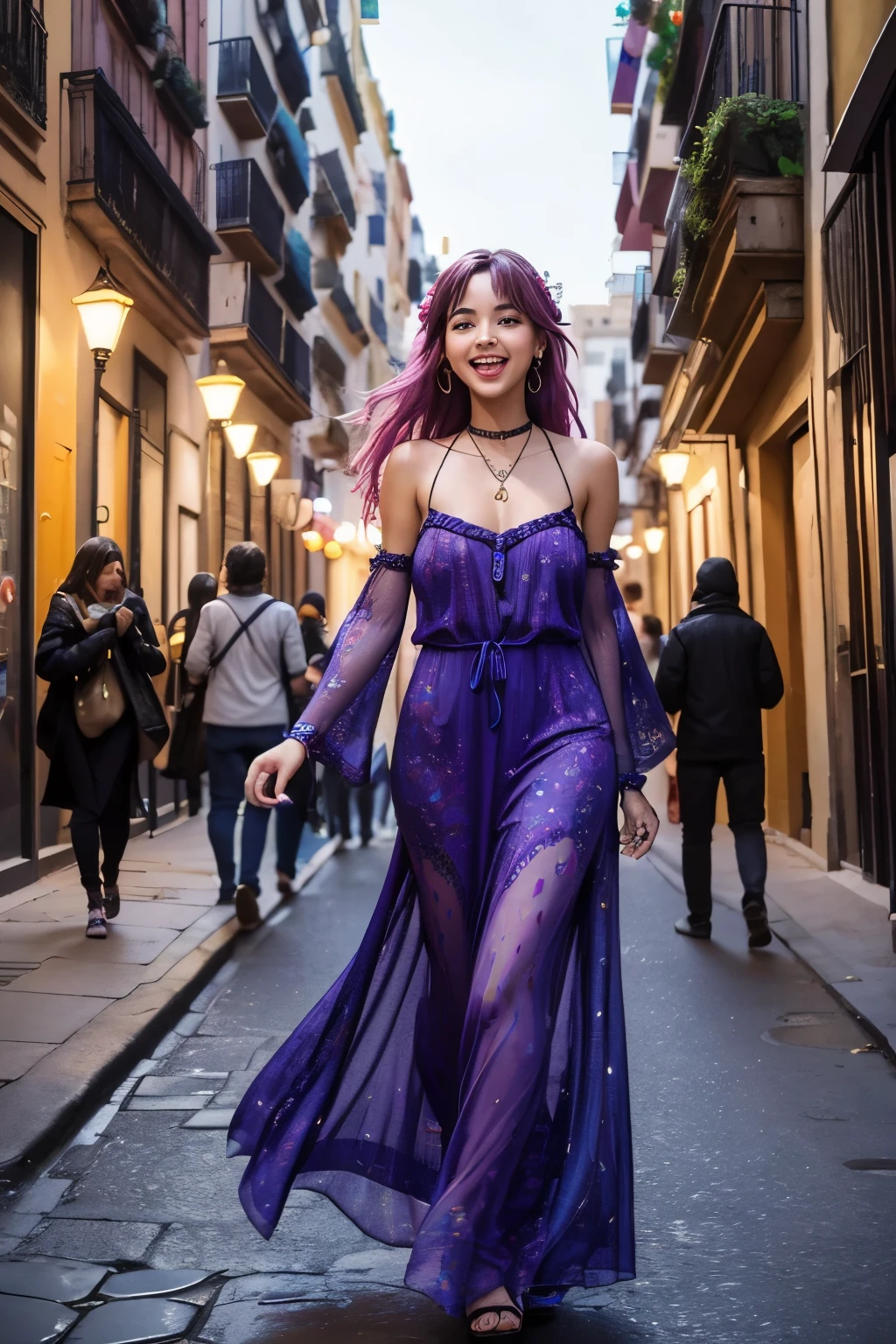 "Visualize Luna in the lively streets of Barcelona on January 27, 2024. Picture her in an enticing flowing maxi dress with vibrant colors, embracing the playful, bohemian spirit of the city. Luna exudes a magnetic charm as she flirts through the charming Gothic Quarter, her infectious joy creating a captivating and alluring atmosphere.