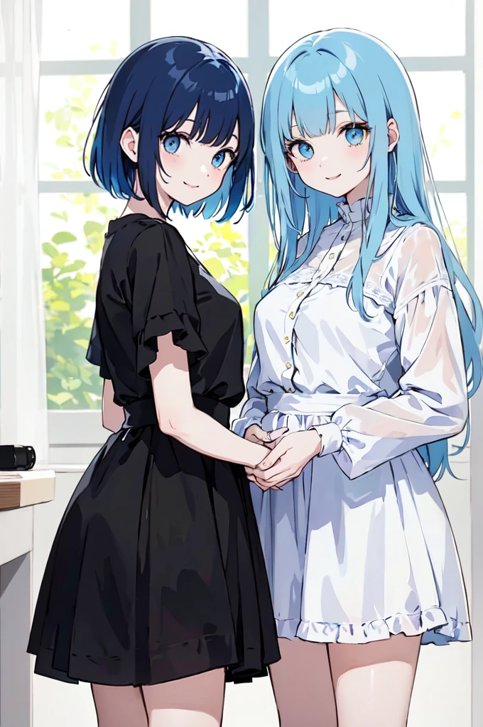 (masterpiece), (best quality), (ultra detailed),(disheveled hair),(illustration), ((twins sisters)(2woman)), one sister with long hair and one with short hair, standing, Fashion model ( modern clothes)( black clothes), looking at viewer, (interview), (casual background),beautiful blue eyes, delicate beautiful face, ,(high saturation),(colorful splashes),(shining), kamisato ayaka, blue hair (shining), bangs, best lighting, best shadow. smiling