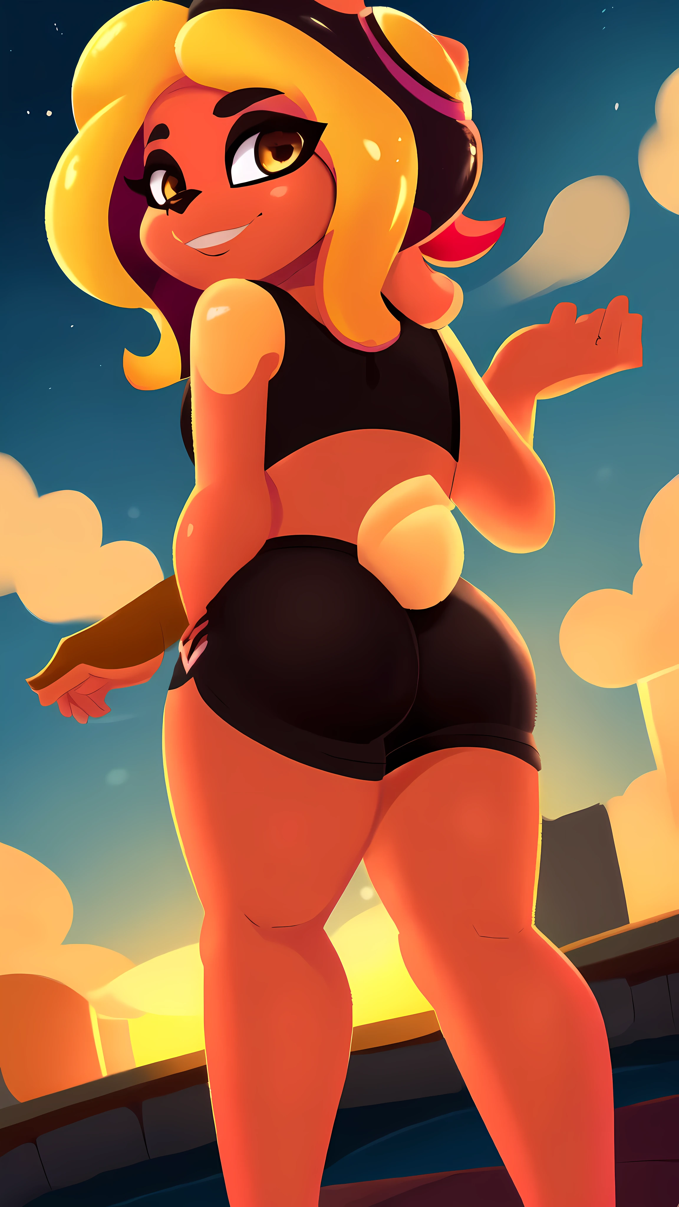 uploaded on e621, beautiful and detailed portrait of a (((feminine))) woman anthro splatoon octoling, ((by Kilinah, (by Coffeesoda:1.1), by Hioshiru, by Kilinah)), cinematic evening lighting, (((confident, seductive))), bl, lustful face, thighighs, large medium breast, full body, sunset, beautiful, four long yellow end curls, sexy pose, seductive face, yellow golden hair, brown eyes, big fat curvy plump butt, oily shiny reflective skin, solo, crimson dark red sportwear, lustful face, solo, 1girl, thicc body, plush belly, half-closed eyes, one eye wink, vagina outline in undersized sports shorts, wet spot around her pussy, crimson red sports shorts clinging to her pussy,