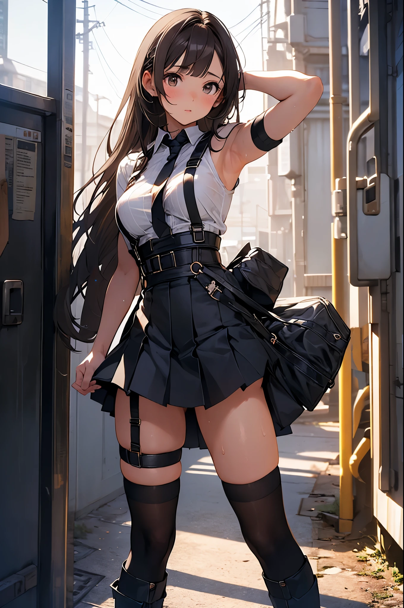 brown hair、looking at the viewer　　suspenders　　　Bulging big breasts　　 　 　　　　Black miniskirt　garter belt　knee high socks　　　　　　Gaze　　　small face　bangs 　　　　　Beauty　　hands up　　 　Gaze 　black boots 　provocation　　armpit sweat　one person 　　put your hands behind your back　cutter shirt　　Panty shot
