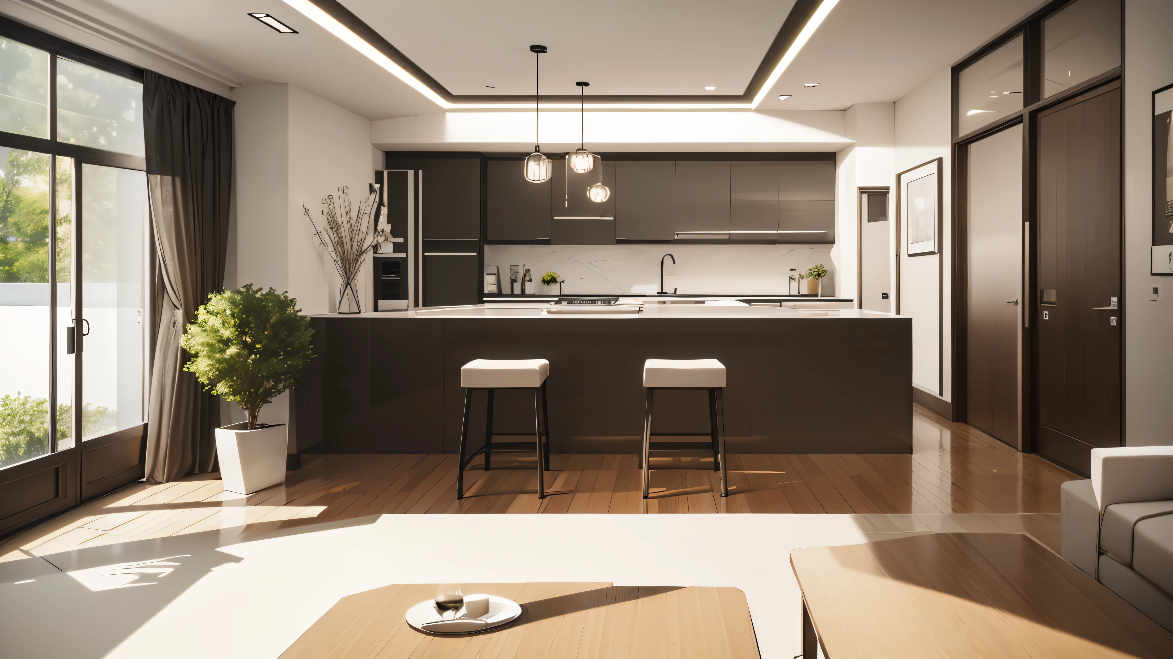 You are a famous interior designer、You have been asked to create a 3D image of a modern large room. Create a harmonious environment with modern and minimalist furniture. Including garden interior.