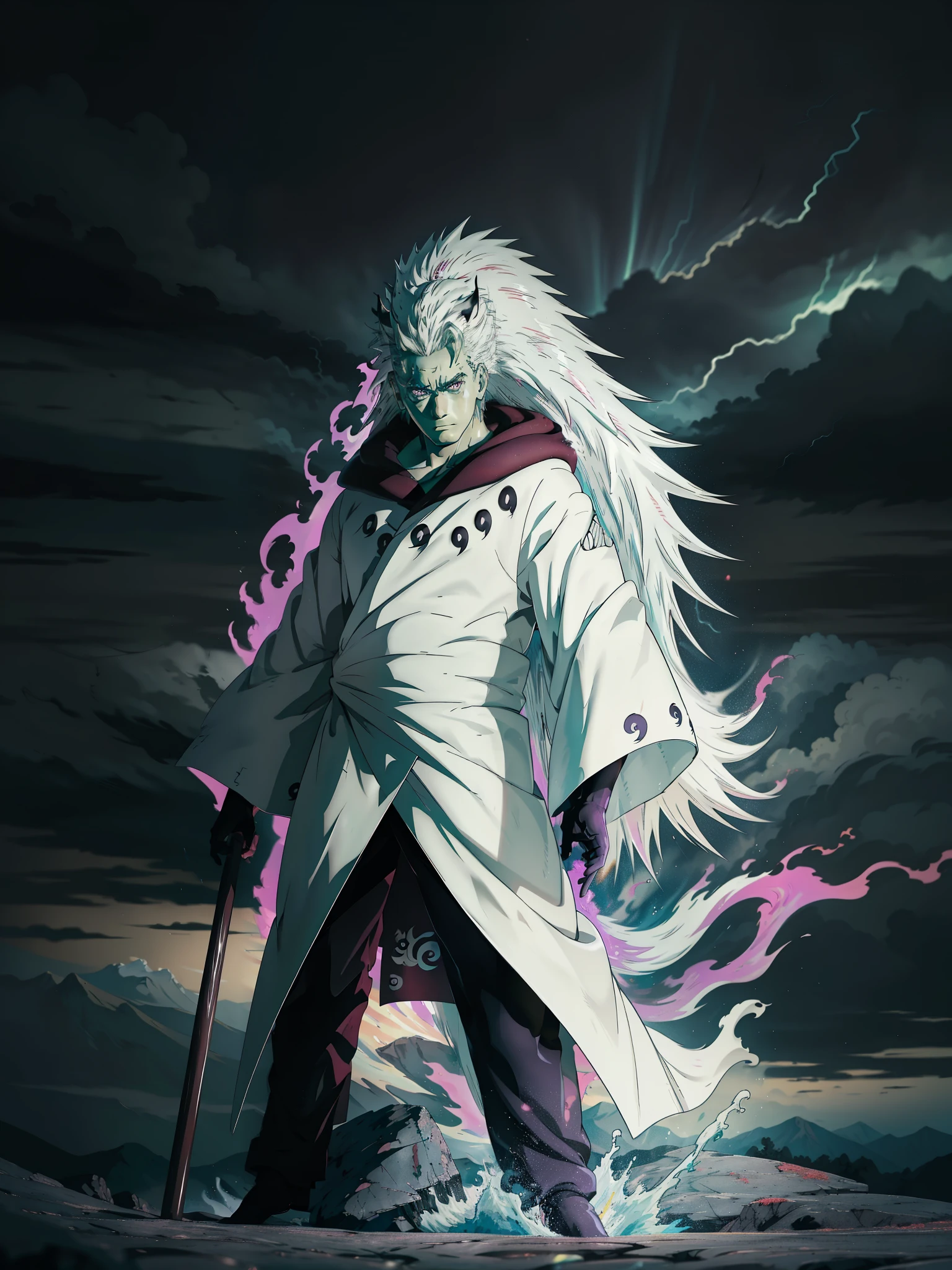 (best quality,4k,8k,highres,masterpiece:1.2),ultra-detailed,realistic, Uchiha Madara in Sage of Six Paths mode,sharp focus,extremely detailed eyes and face,long white hair,red Sharingan eyes,torn black cloak,serious expression,intense battle aura,black and purple chakra,standing on a rocky mountain,fierce wind blowing,thunder and lightning in the background,epic and dramatic lighting,traditional Japanese art style,warrior,legendary ninja,stoic and powerful,cloudy and ominous sky.