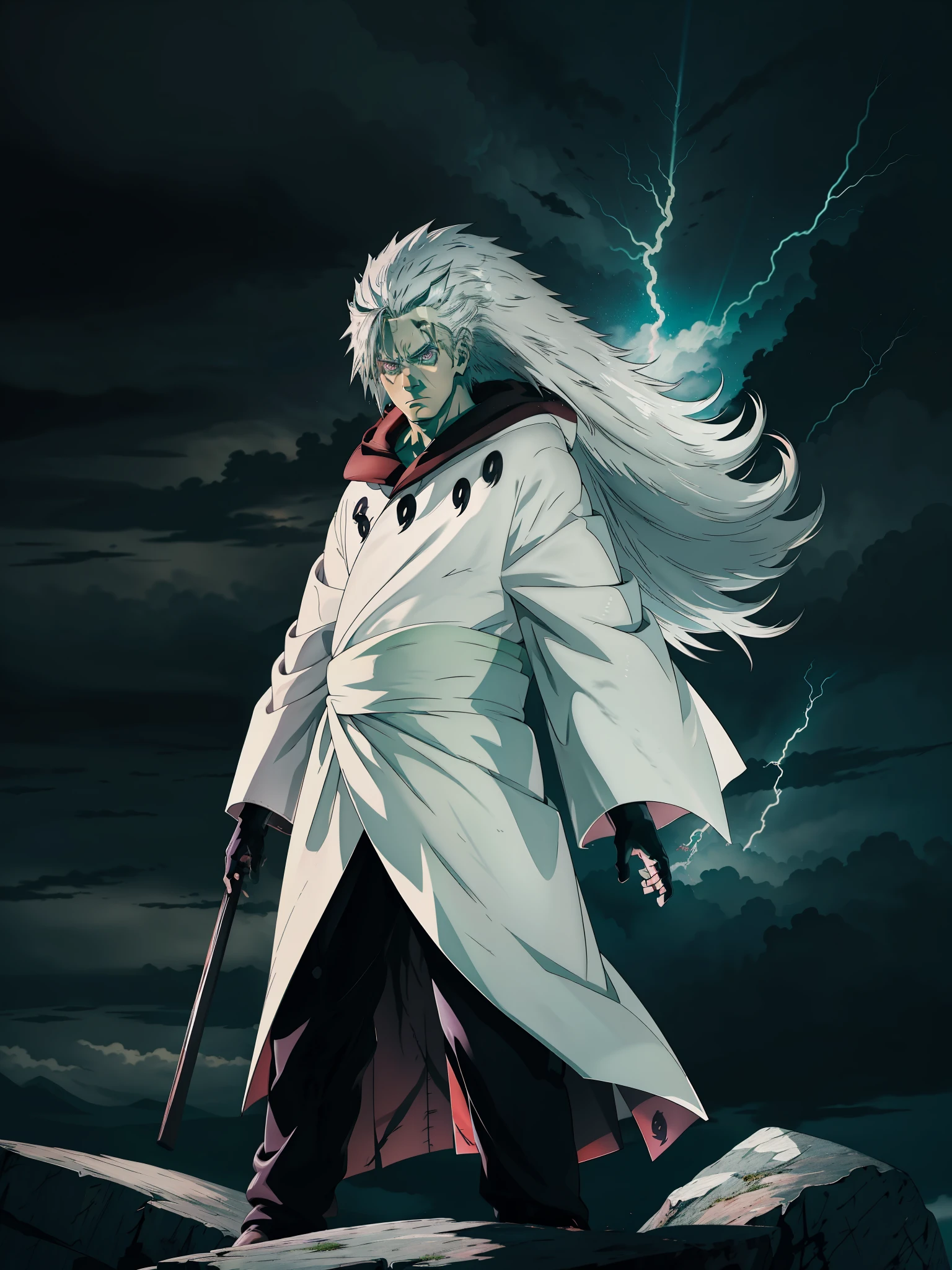 (best quality,4k,8k,highres,masterpiece:1.2),ultra-detailed,realistic, Uchiha Madara in Sage of Six Paths mode,sharp focus,extremely detailed eyes and face,long white hair,red Sharingan eyes,torn black cloak,serious expression,intense battle aura,black and purple chakra,standing on a rocky mountain,fierce wind blowing,thunder and lightning in the background,epic and dramatic lighting,traditional Japanese art style,warrior,legendary ninja,stoic and powerful,cloudy and ominous sky.