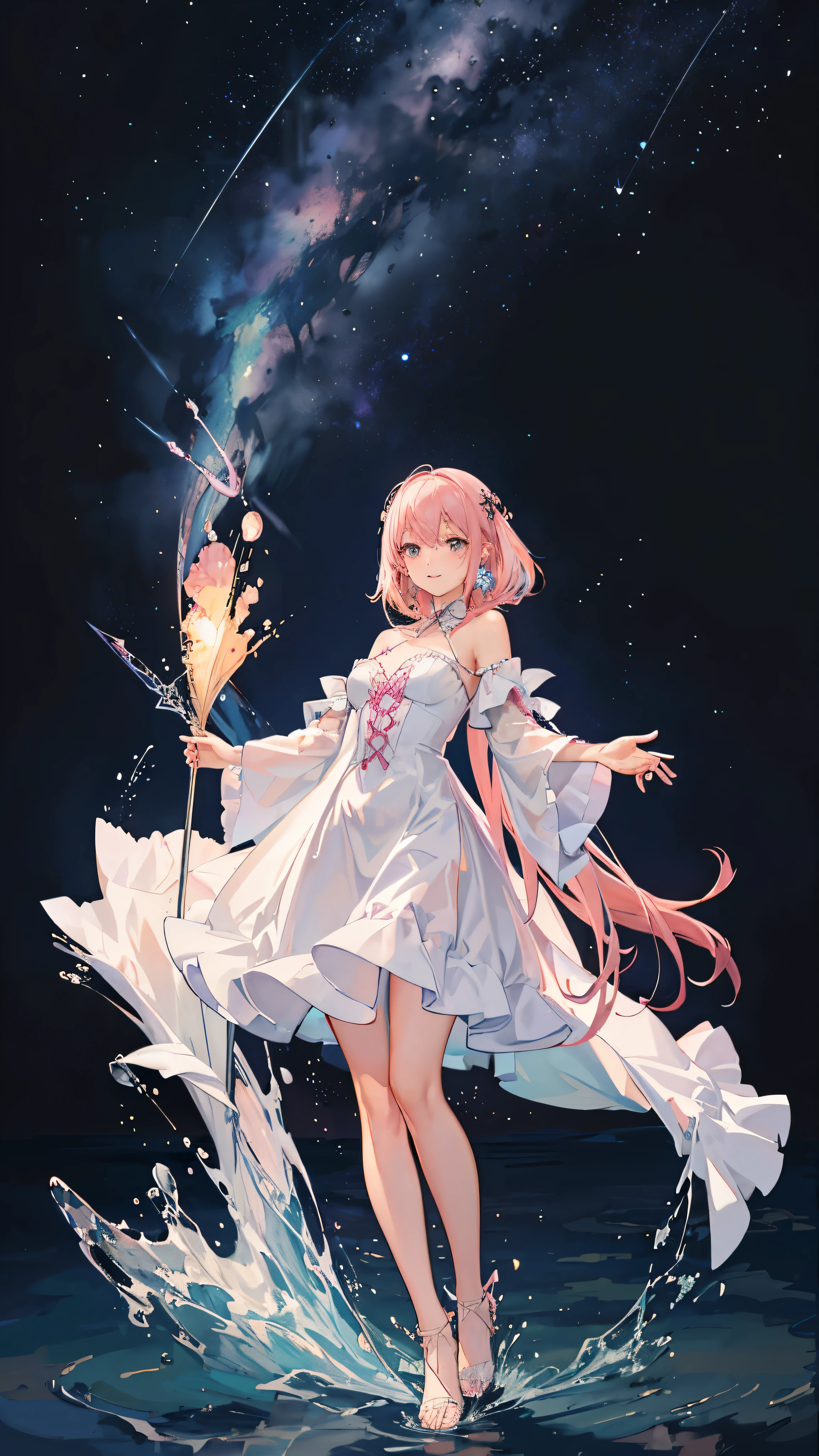 masterpiece, rest, best quality, super detailed, Super real, 16k, high resolution, rest, ((starry sky)),((pink hair)),((pink eyes)),((Knee-length pink hair)),((Smile)),(white dress),(big deal ),(((The body is turned sideways))),(Face turned to camera)(Crystal stud earrings),(Eyes half-squinted)),(Standing in the sea)