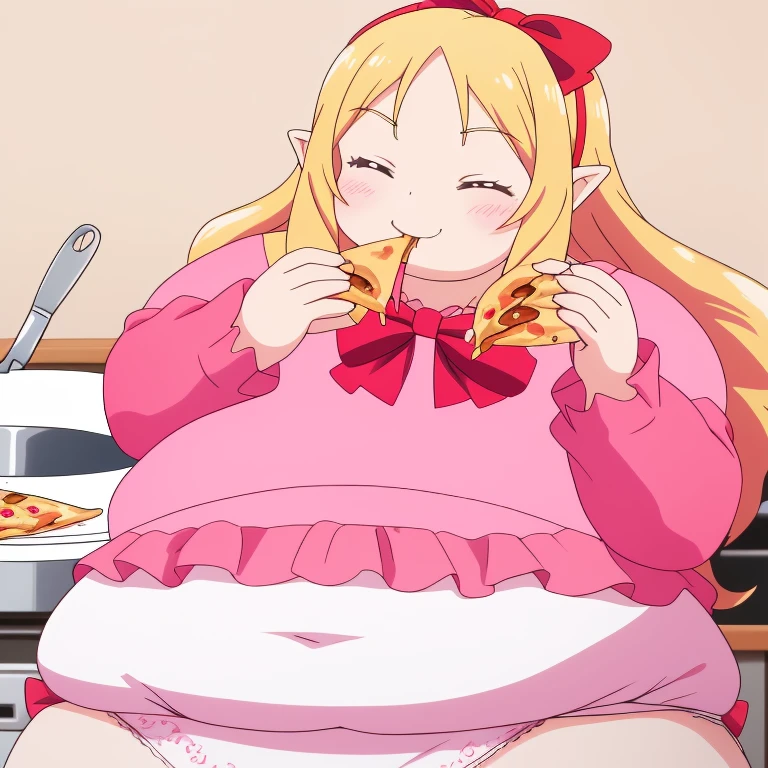 very obese yamada elf, pink dress, white panties, very obese body, cute, big cheek, thick thighs, hairband, long_hair, red_bow, , 8k, kitchen, masterpiece, absurdres, smile, closed eyes, eating pizza