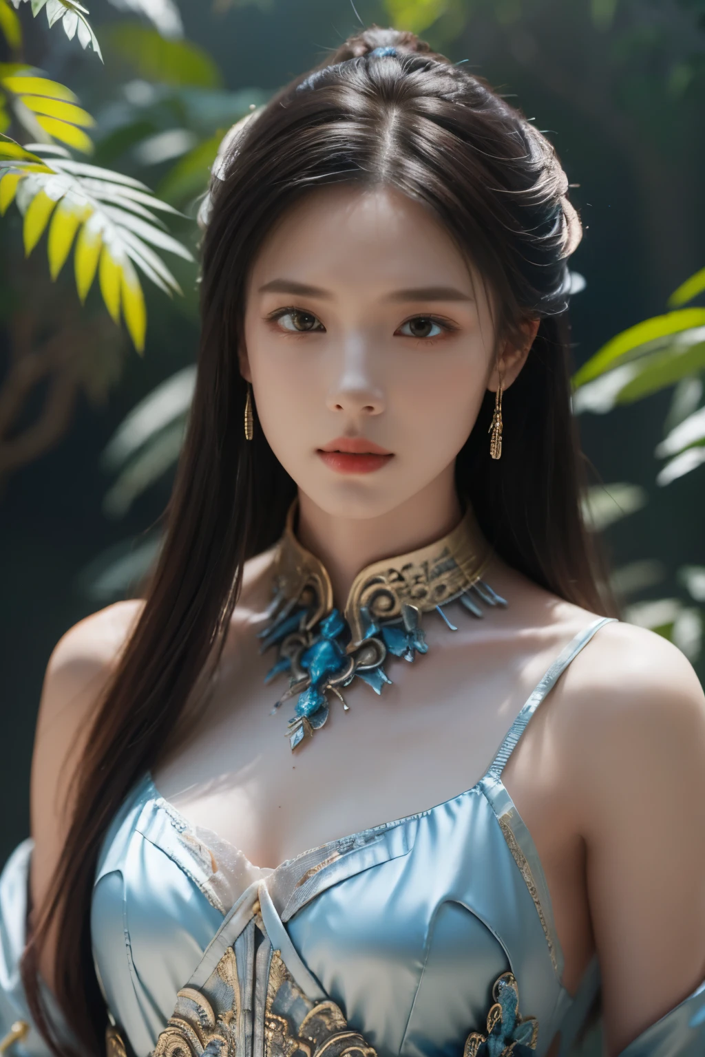 Game art，The best picture quality，Highest resolution，8K，(A bust photograph)，(Portrait)，(Head close-up)，(Rule of thirds)，Unreal Engine 5 rendering works， (The Girl of the Future)，(Female Warrior)， 22岁少女，(Female hackers)，(White，Ancient Oriental hairstyle)，((The pupils of the red eyes:1.3))，(A beautiful eye full of detail)，(Big breasts)，(Eye shadow)，优雅迷人，冷漠，((Anger))，(Cyberpunk jacket full of futuristic look，Joint Armor，There are exquisite Chinese patterns on the clothes，A flash of jewellery)，赛博朋克人物，未来风格， 拍照姿势，城市背景，Movie lights，Ray tracing，Game CG，((3D Unreal Engine))，oc渲染反射纹