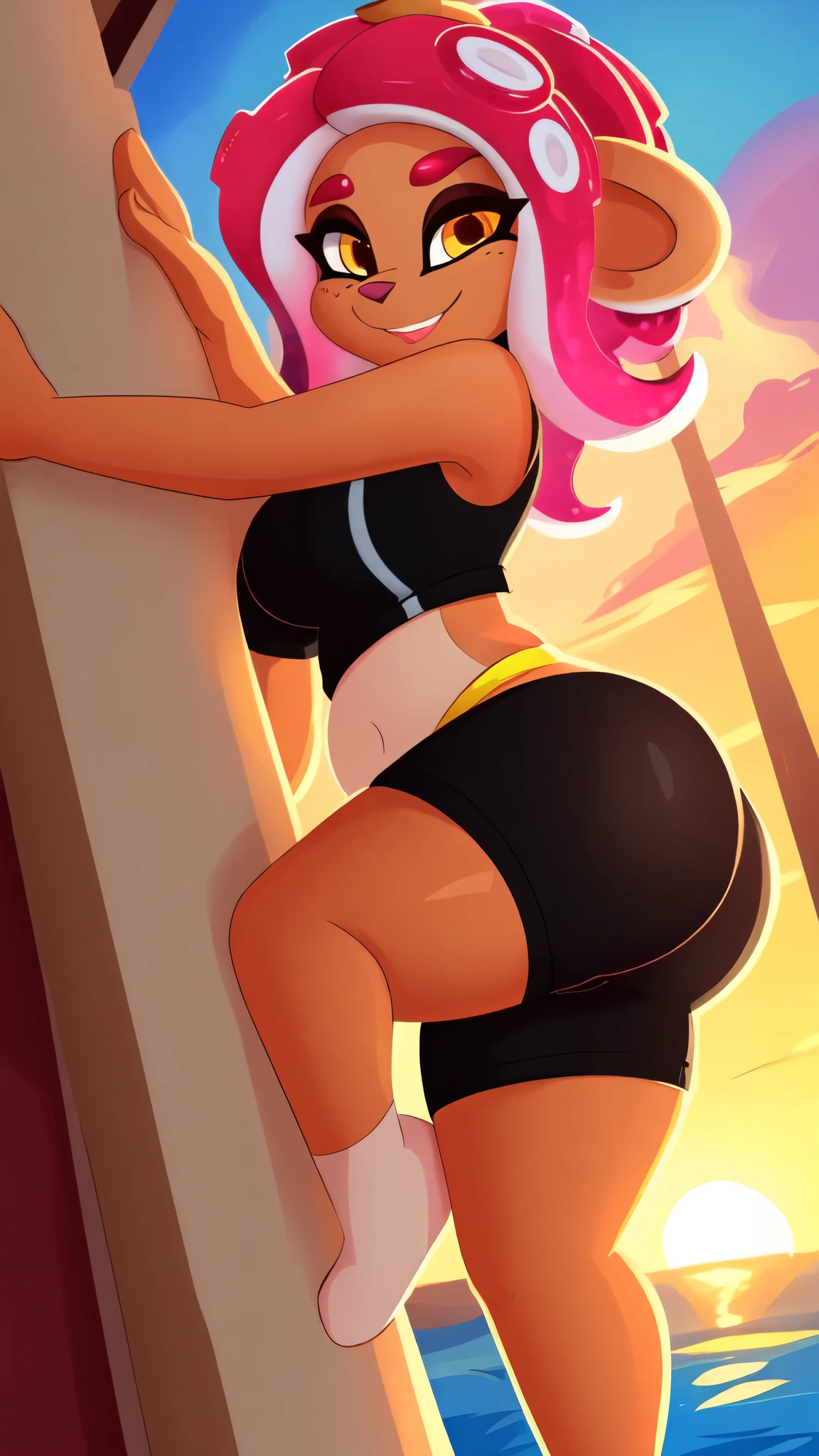 uploaded on e621, beautiful and detailed portrait of a (((feminine))) woman anthro splatoon octoling, ((by Kilinah, (by Coffeesoda:1.1), by Hioshiru, by Kilinah)), cinematic evening lighting, (((confident, seductive))), bl, lustful face, thighighs, large medium breast, full body, sunset, beautiful, four long yellow end curls, sexy pose, seductive face, yellow golden hair, brown eyes, big fat curvy plump butt, oily shiny reflective skin, solo, crimson dark red sportwear, lustful face, solo, 1girl, thicc body, plush belly, half-closed eyes, one eye wink, vagina outline in undersized sports shorts, wet spot around her pussy, crimson red sports shorts clinging to her pussy,