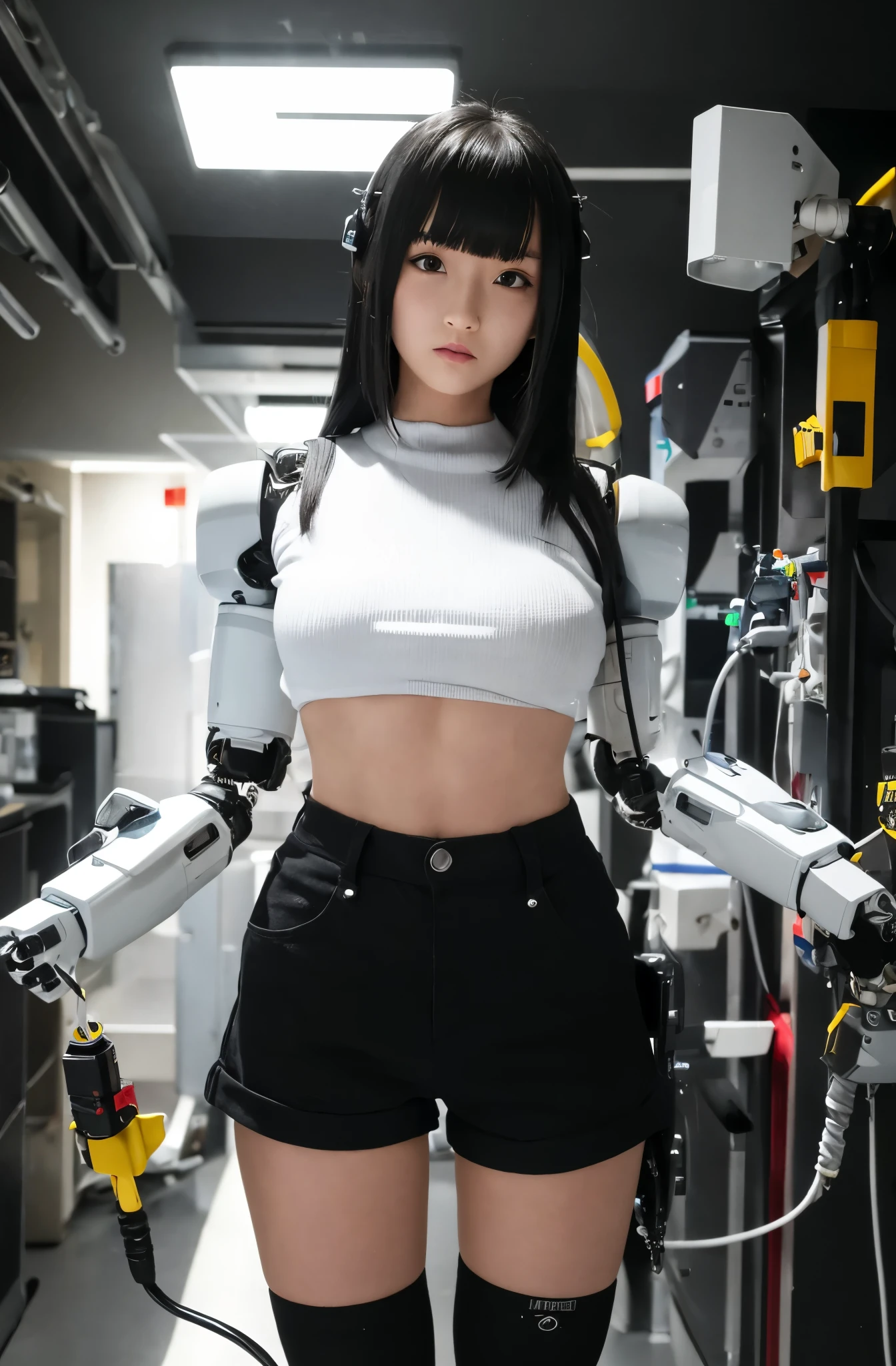 masterpiece, best quality, extremely detailed, Japaese Cyborg girl,Plump , control panels,android,Droid,Mechanical Hand, Robot arms and legs, Black hair,Blunt bangs,perfect robot girl,long tube,thick cable connected her neck,android,robot,humanoid,cyborg,japanese android woman ,future laboratory,connecting a cable between the legs,shortpants,darkblack knee high socks,