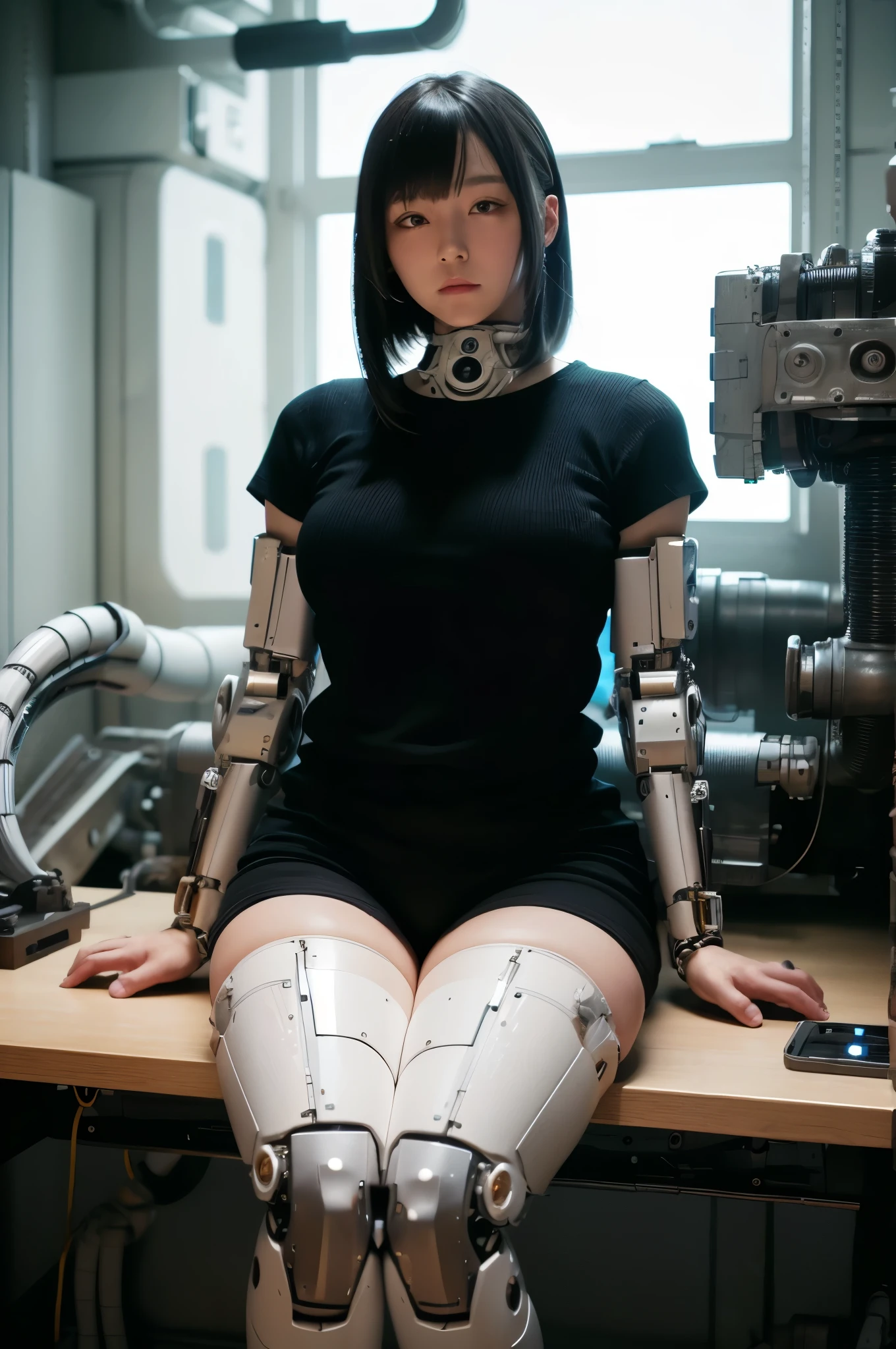 masterpiece, best quality, extremely detailed, Japaese Cyborg girl,Plump , control panels,android,Droid,Mechanical Hand, Robot arms and legs, Black hair,Blunt bangs,perfect robot girl,long tube,thick cable connected her neck,android,robot,humanoid,cyborg,japanese android woman ,future laboratory,connecting a cable between the legs,shortpants,darkblack knee high socks,