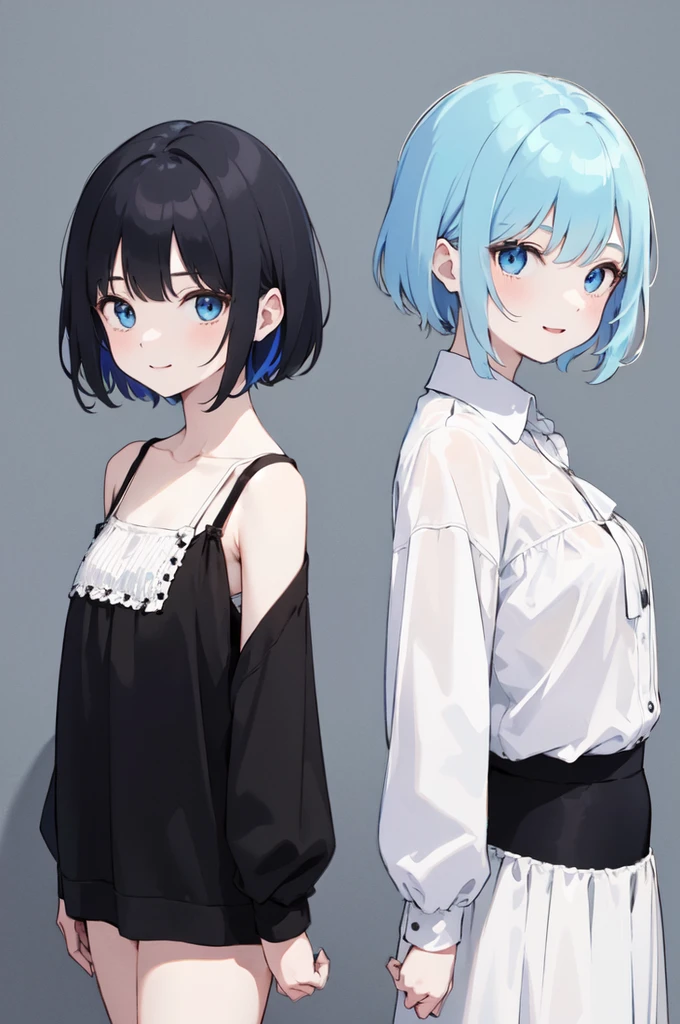 (masterpiece), (best quality), (ultra detailed),(disheveled hair),(illustration), ((twins sisters)(2woman)), short hair, standing, Fashion model ( modern clothes)( black clothes), looking at viewer, (interview), (casual background),beautiful blue eyes, delicate beautiful face, ,(high saturation),(colorful splashes),(shining), kamisato ayaka, blue hair (shining), bangs, best lighting, best shadow. smiling