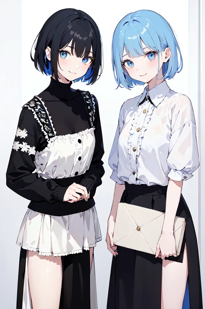 (masterpiece), (best quality), (ultra detailed),(disheveled hair),(illustration), ((twins sisters)(2woman)), short hair, standing, Fashion model ( modern clothes)( black clothes), looking at viewer, (interview), (casual background),beautiful blue eyes, delicate beautiful face, ,(high saturation),(colorful splashes),(shining), kamisato ayaka, blue hair (shining), bangs, best lighting, best shadow. smiling