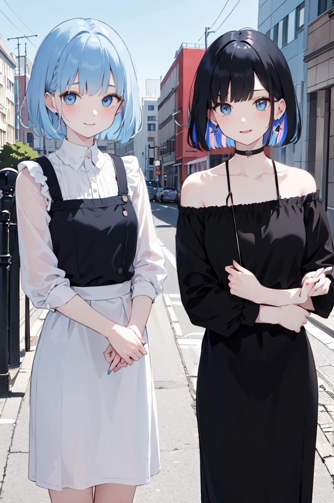 (masterpiece), (best quality), (ultra detailed),(disheveled hair),(illustration), ((twins sisters)(2woman)), short hair, standing, Fashion model ( modern clothes)( black clothes), looking at viewer, (interview), (casual city background),beautiful blue eyes, delicate beautiful face, ,(high saturation),(colorful splashes),(shining), kamisato ayaka, blue hair (shining), bangs, best lighting, best shadow. smiling