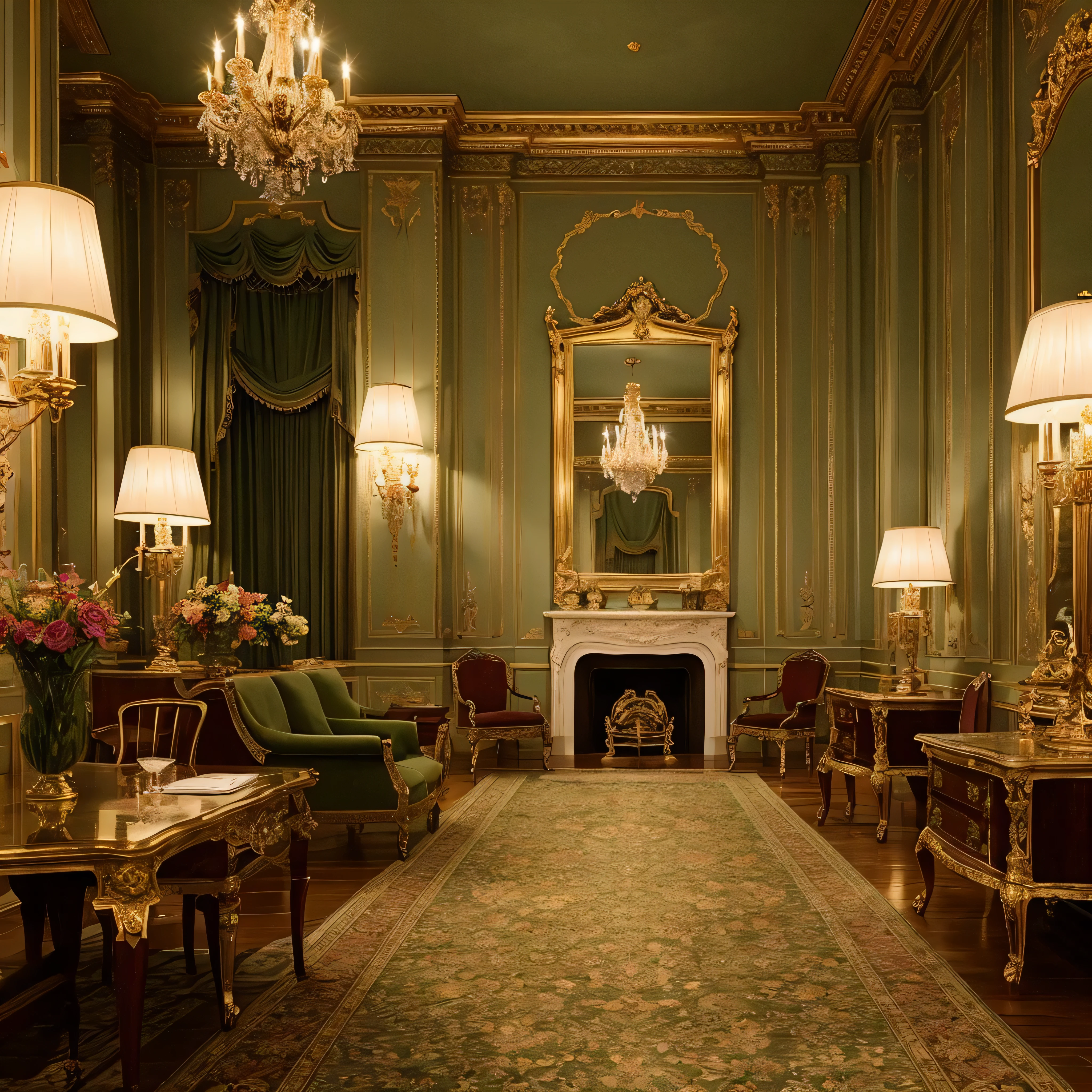 floor plan, Intermediate composition, 19th century European palace at night, Gorgeous classical dance floor, Antique furniture and rugs, wall with statues, Detailed fireplace, interior gilded decoration, Gray green pattern wallpaper